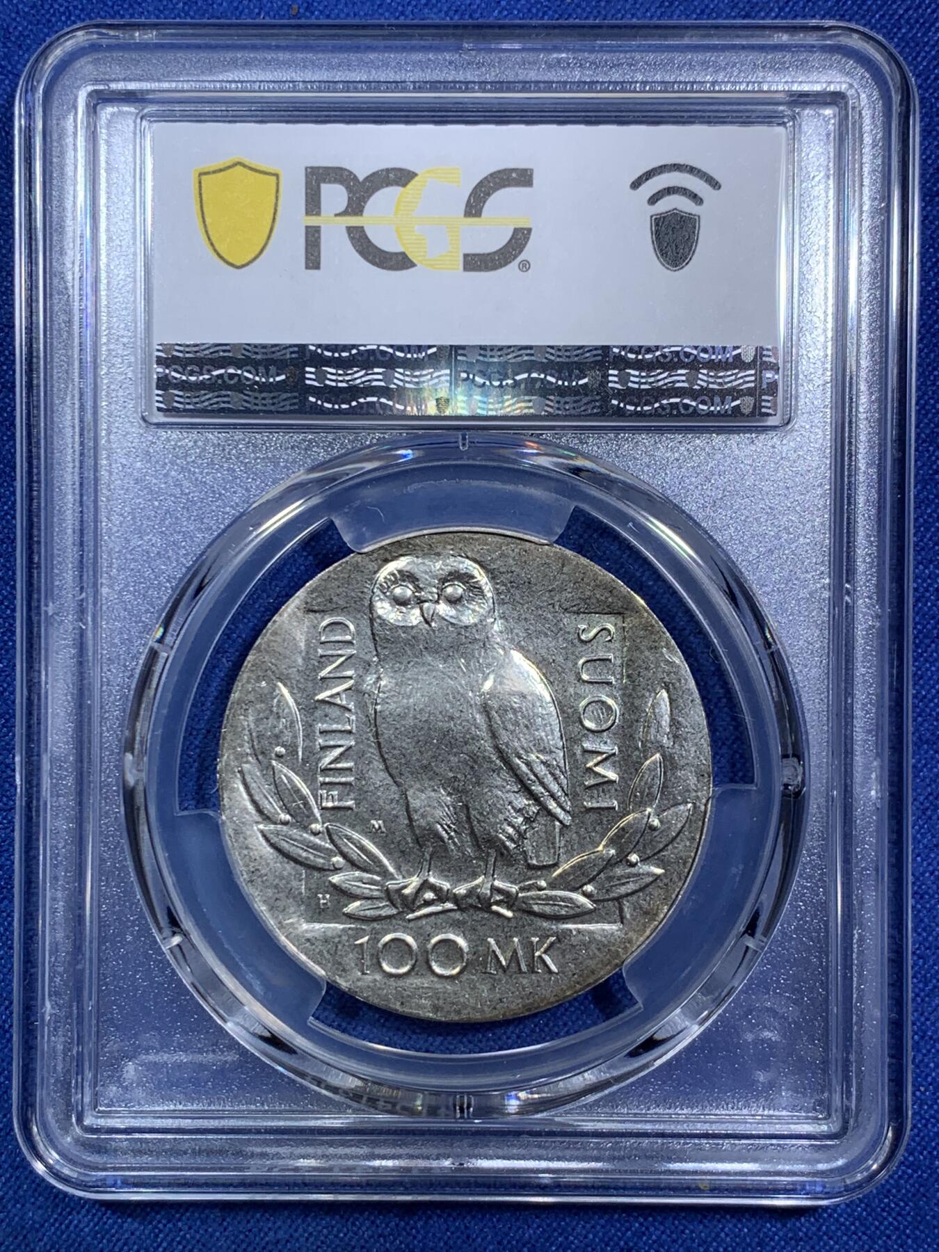 《竞宝斋》第287场-周六， 周日，周一 3场连拍 （全场包邮） PCGS金盾 MS67 芬兰1990年100马克猫头鹰图案赫尔辛基大学350周年纪念大银币，830银，重量24g