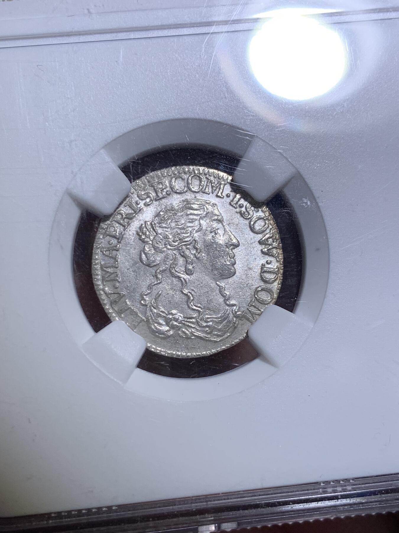 《竞宝斋》第287场-周六， 周日，周一 3场连拍 （全场包邮） NGC MS63 意大利1666年路易基诺银币 少见的Tassarolo邦国 仿法国1/12埃居形制的经典小银 原始光泽 少见品相