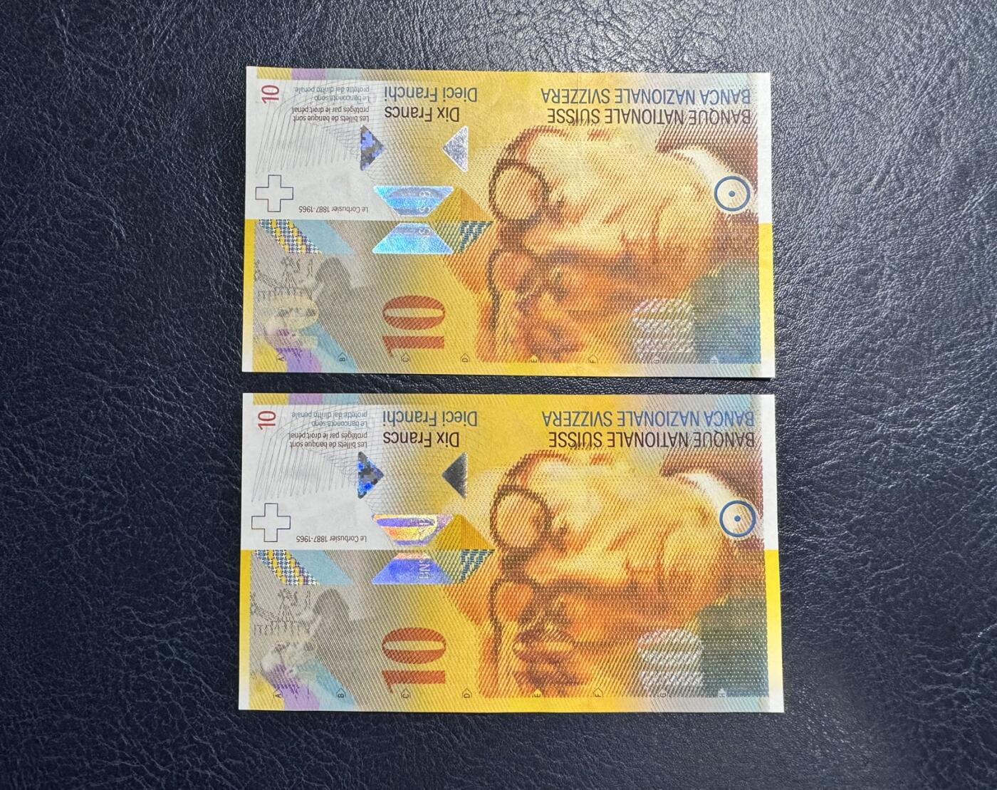 收藏联盟Quantum Auction 第359期拍卖  瑞士2000年10法郎两张 品相全新UNC 号码无4 建筑家 勒·柯布西耶