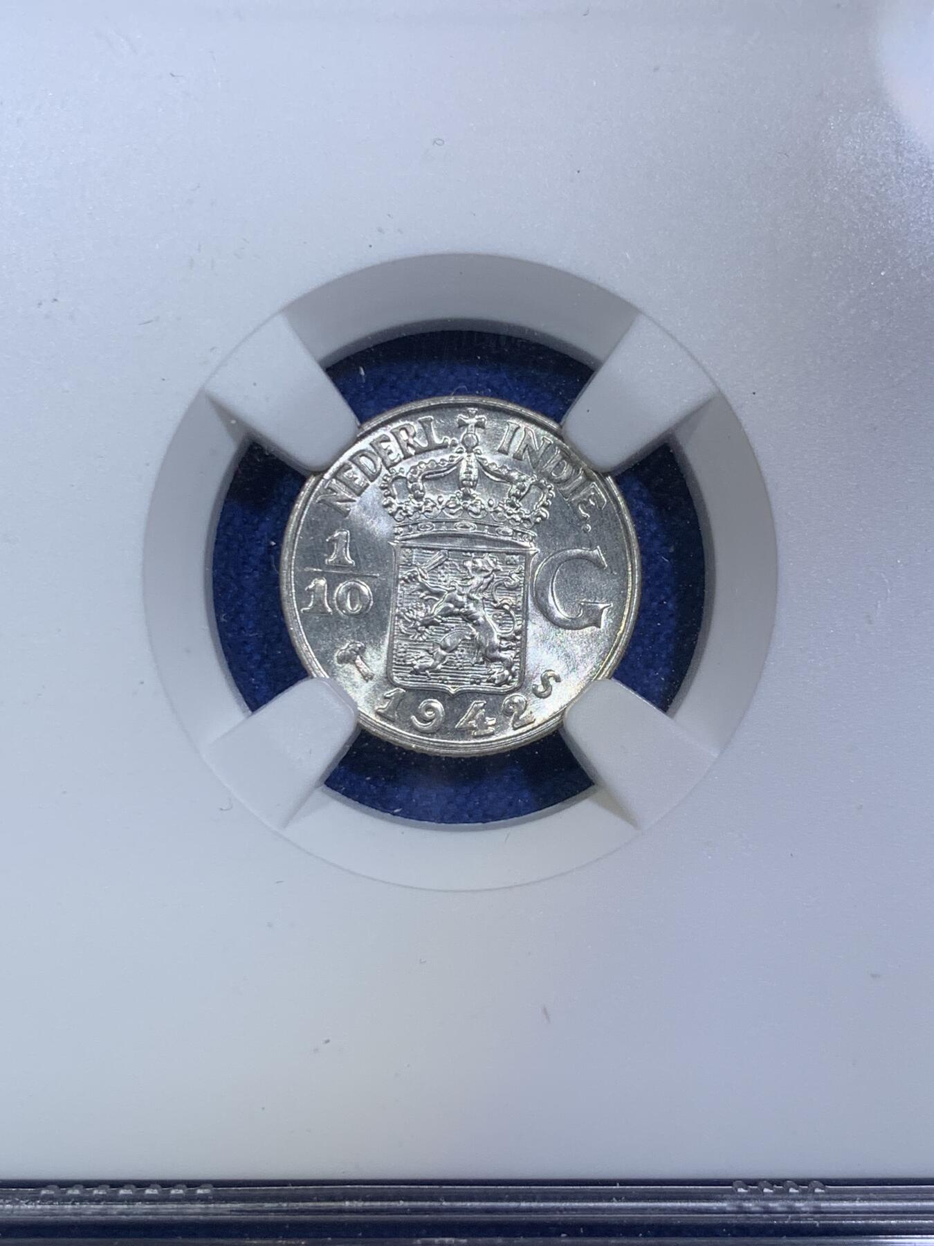 《竞宝斋》第287场-周六， 周日，周一 3场连拍 （全场包邮） NGC MS66 1942 荷属东印度（今印尼）1/10盾银币 卷拆BU品