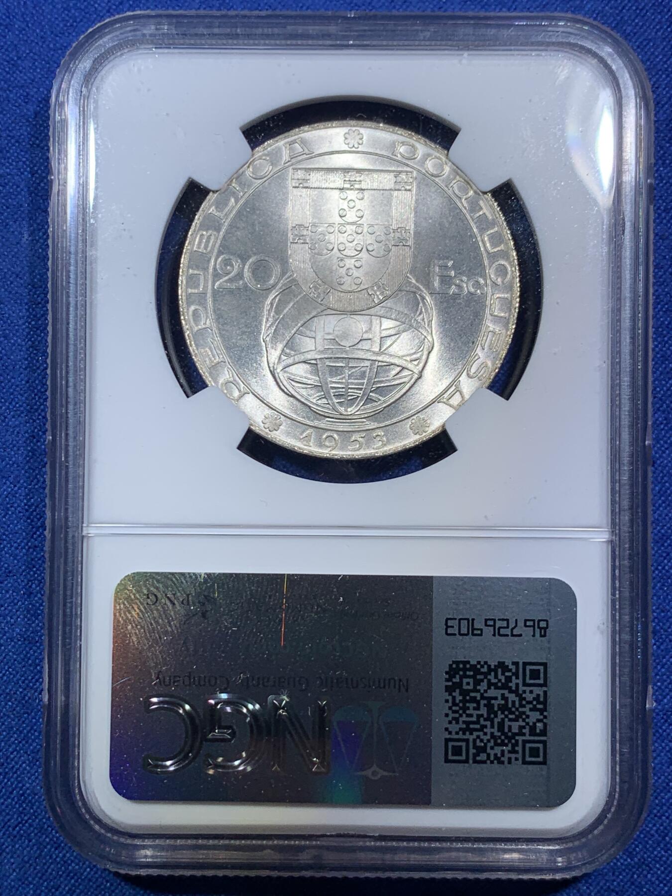 《竞宝斋》第287场-周六， 周日，周一 3场连拍 （全场包邮） NGC MS67 葡萄牙1953年金融改革制度25周年20埃斯库多银币