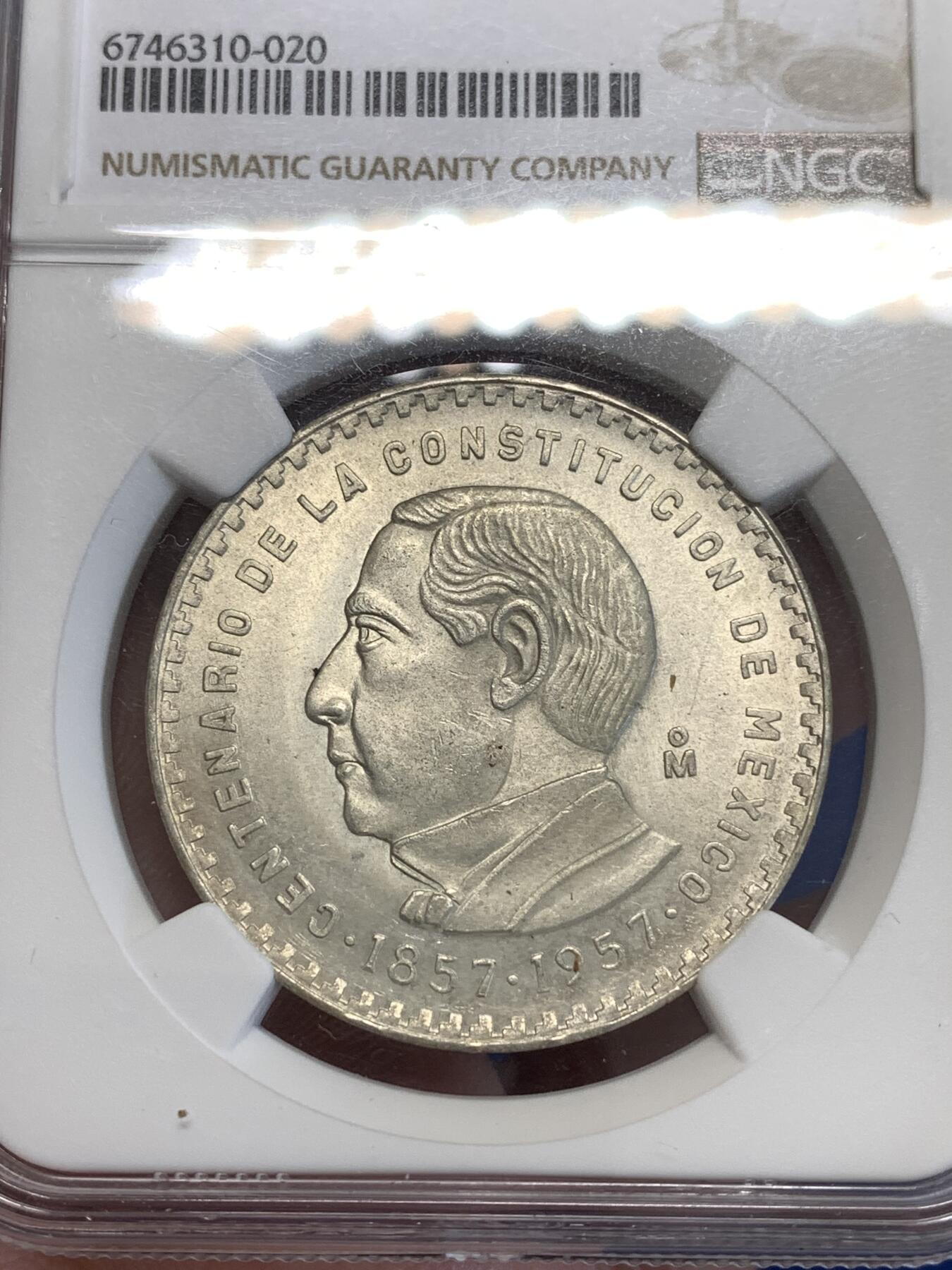 《竞宝斋》第287场-周六， 周日，周一 3场连拍 （全场包邮） NGC MS65 墨西哥 1957年 宪法百年纪念 5比索 银币