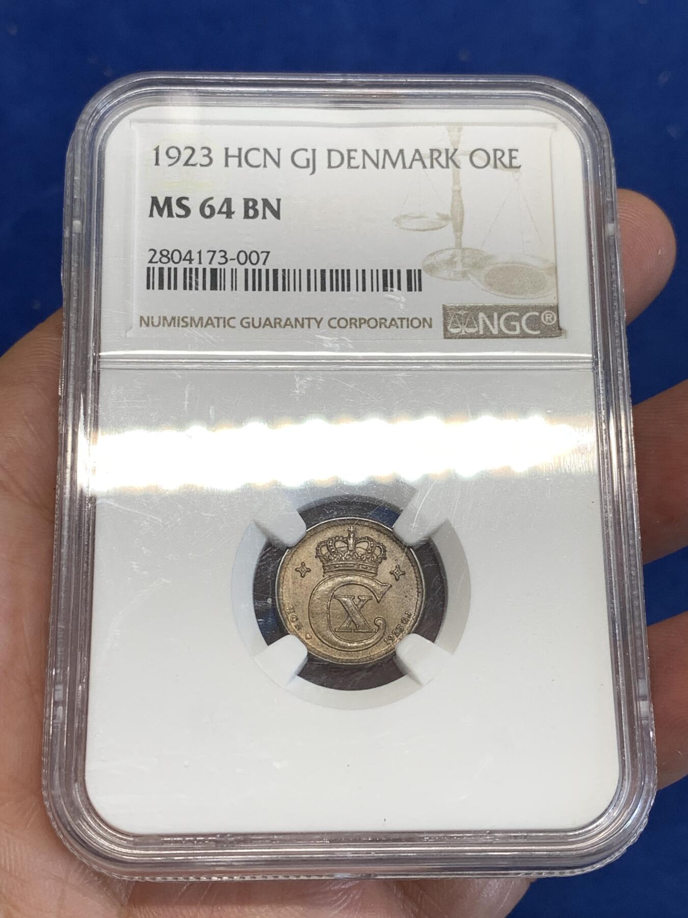 《竞宝斋》第287场-周六， 周日，周一 3场连拍 （全场包邮） NGC MS64BN 丹麦1923年1欧尔 辅币流通充分高分难得