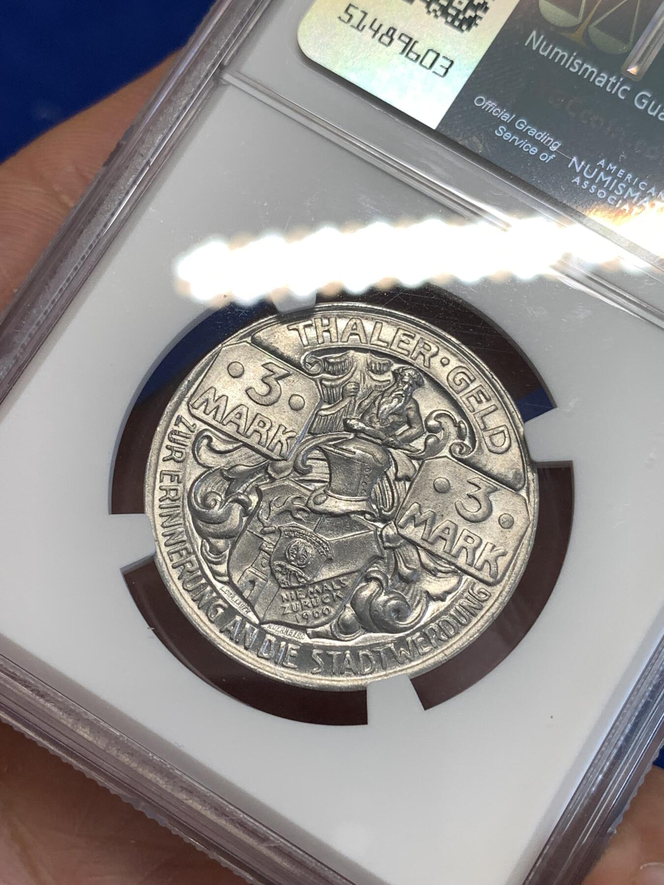 《竞宝斋》第287场-周六， 周日，周一 3场连拍 （全场包邮） NGC MS65 德国1921年塔勒市猎人与猎犬3马克铝币 德紧名誉品