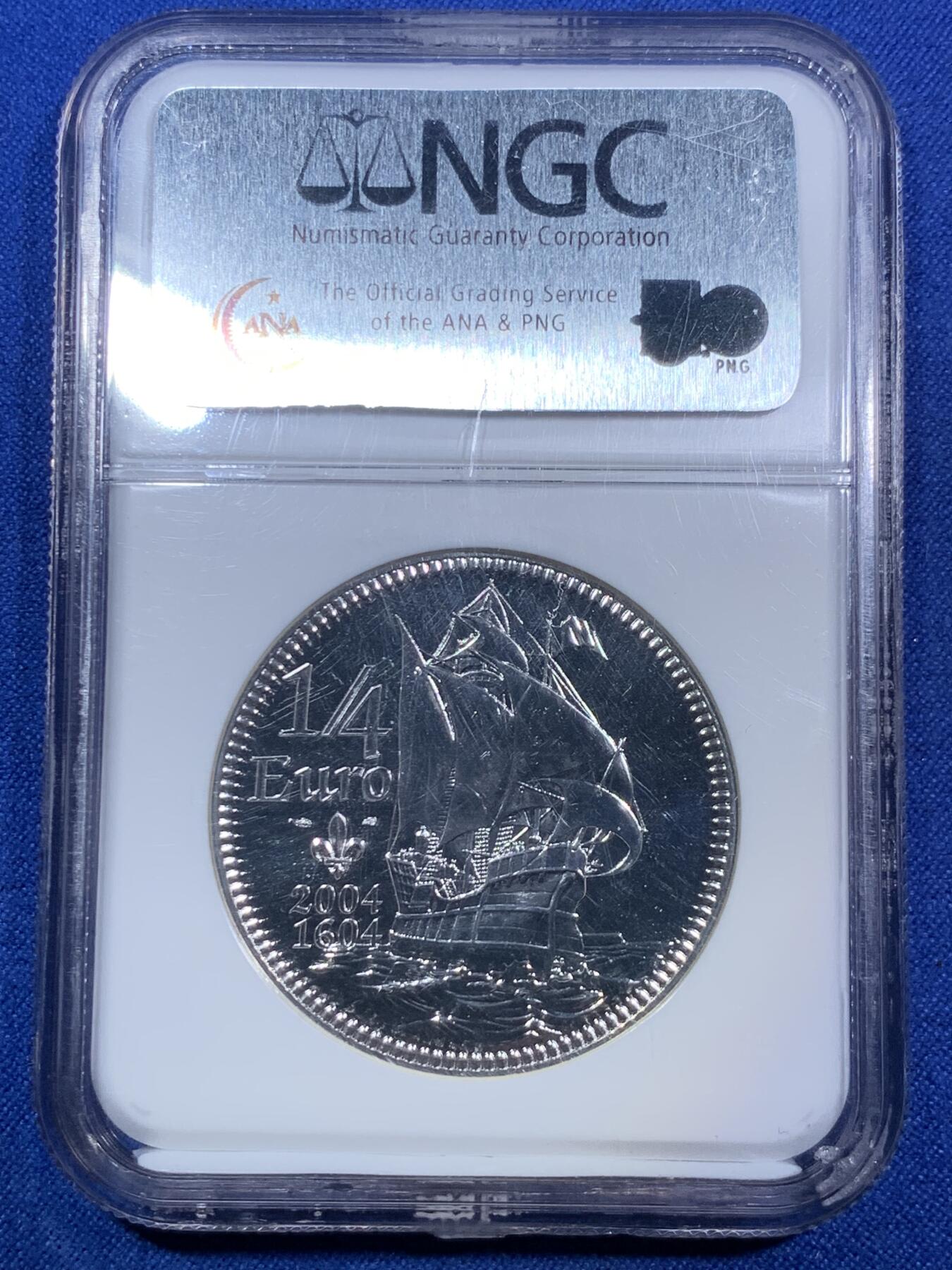 《竞宝斋》第287场-周六， 周日，周一 3场连拍 （全场包邮） NGC MS68 法国2004塞缪尔·德·尚普兰探索北美400周年纪念银币