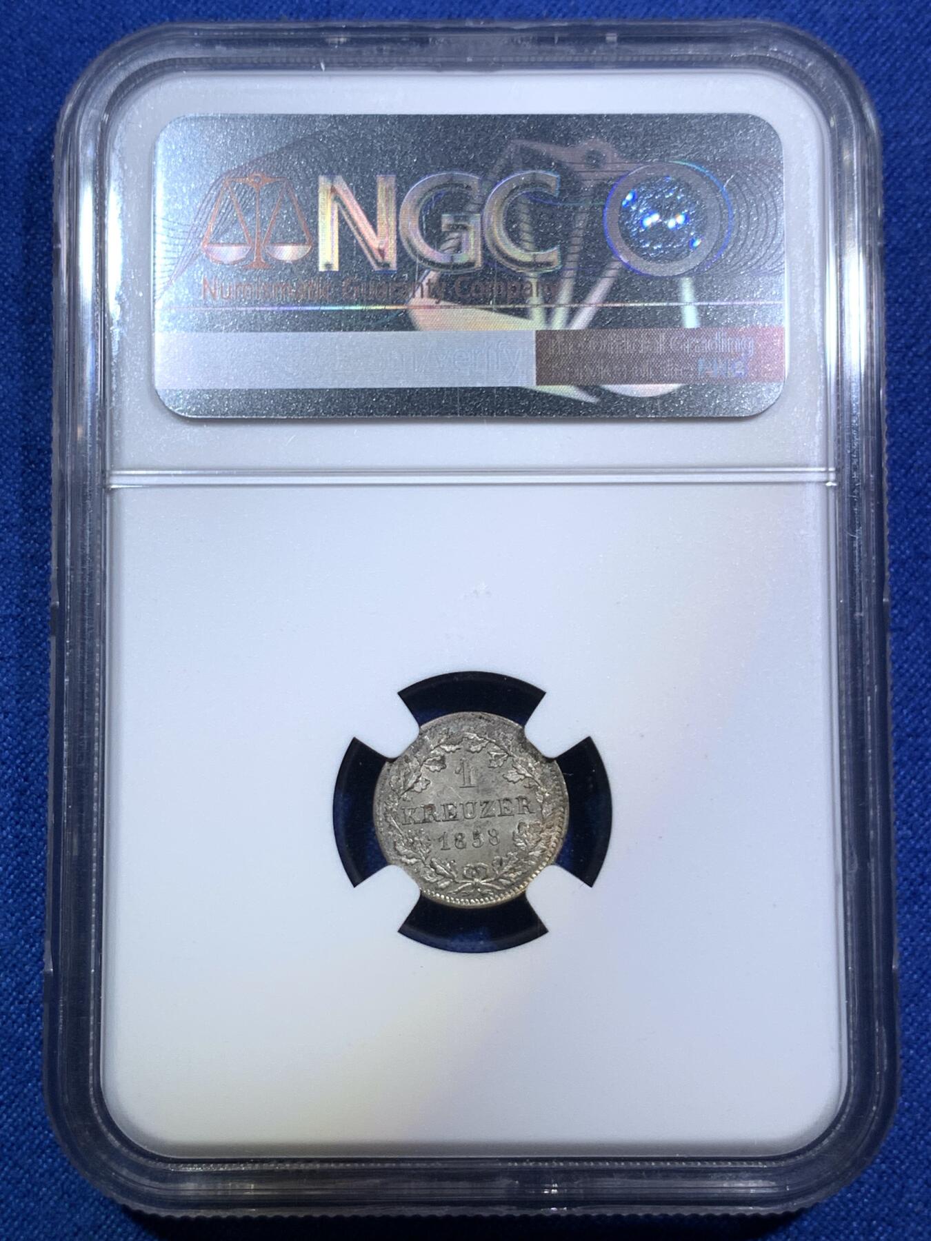 《竞宝斋》第287场-周六， 周日，周一 3场连拍 （全场包邮） NGC MS64 德国1858巴伐利亚1克鲁泽银币