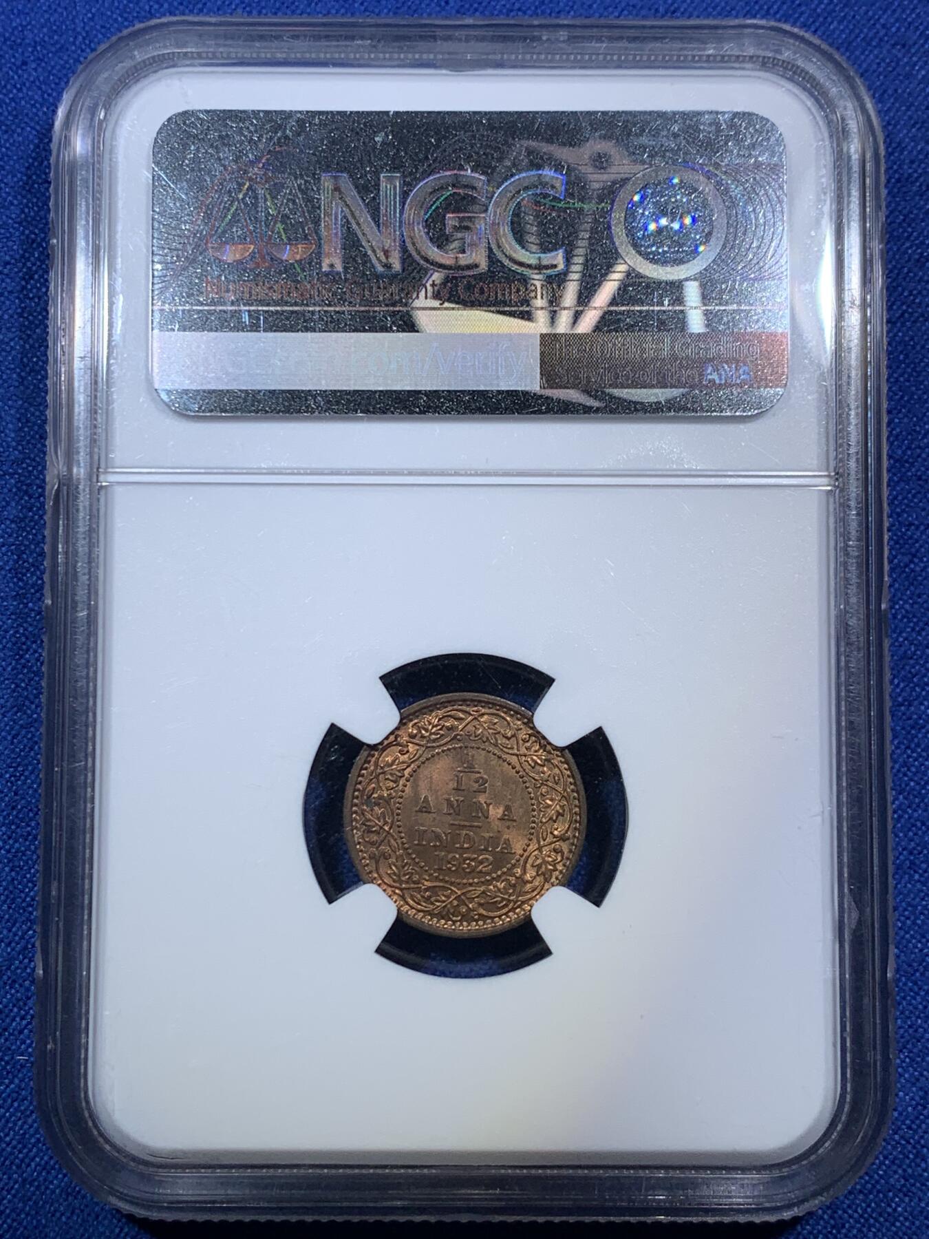 《竞宝斋》第287场-周六， 周日，周一 3场连拍 （全场包邮） 两枚一组 NGC MS64RB/MS63RB 1932C英属印度1/12A铜币