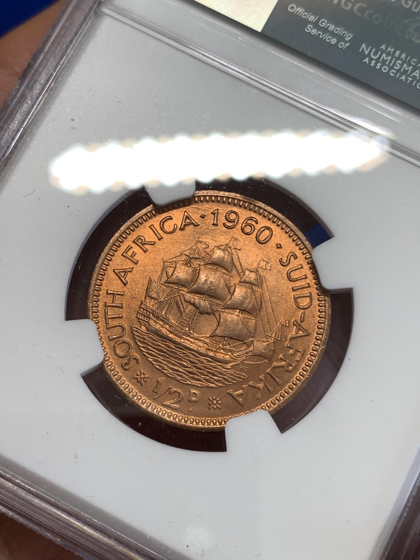 《竞宝斋》第287场-周六， 周日，周一 3场连拍 （全场包邮） NGC MS65RB 英属南非1960年伊丽莎白二世半便士铜币