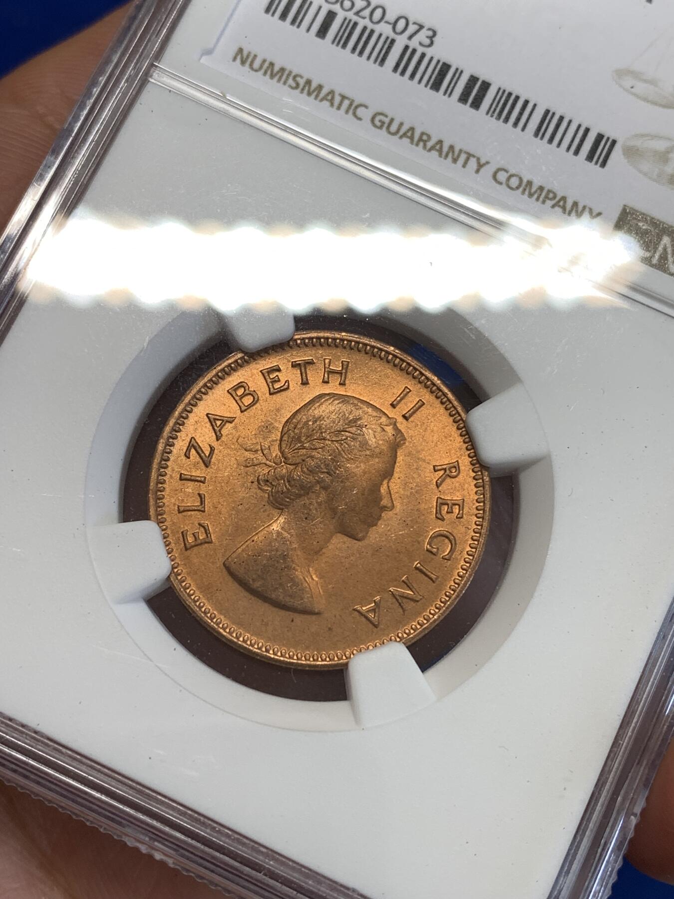 《竞宝斋》第287场-周六， 周日，周一 3场连拍 （全场包邮） NGC MS65RB 英属南非1960年伊丽莎白二世半便士铜币