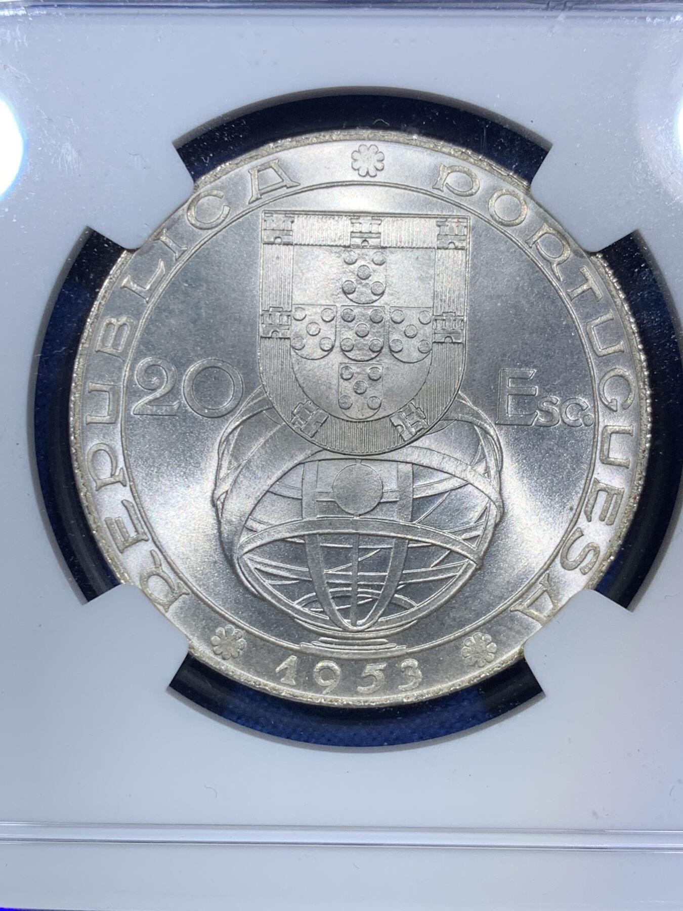 《竞宝斋》第287场-周六， 周日，周一 3场连拍 （全场包邮） NGC MS67 葡萄牙1953年金融改革制度25周年20埃斯库多银币