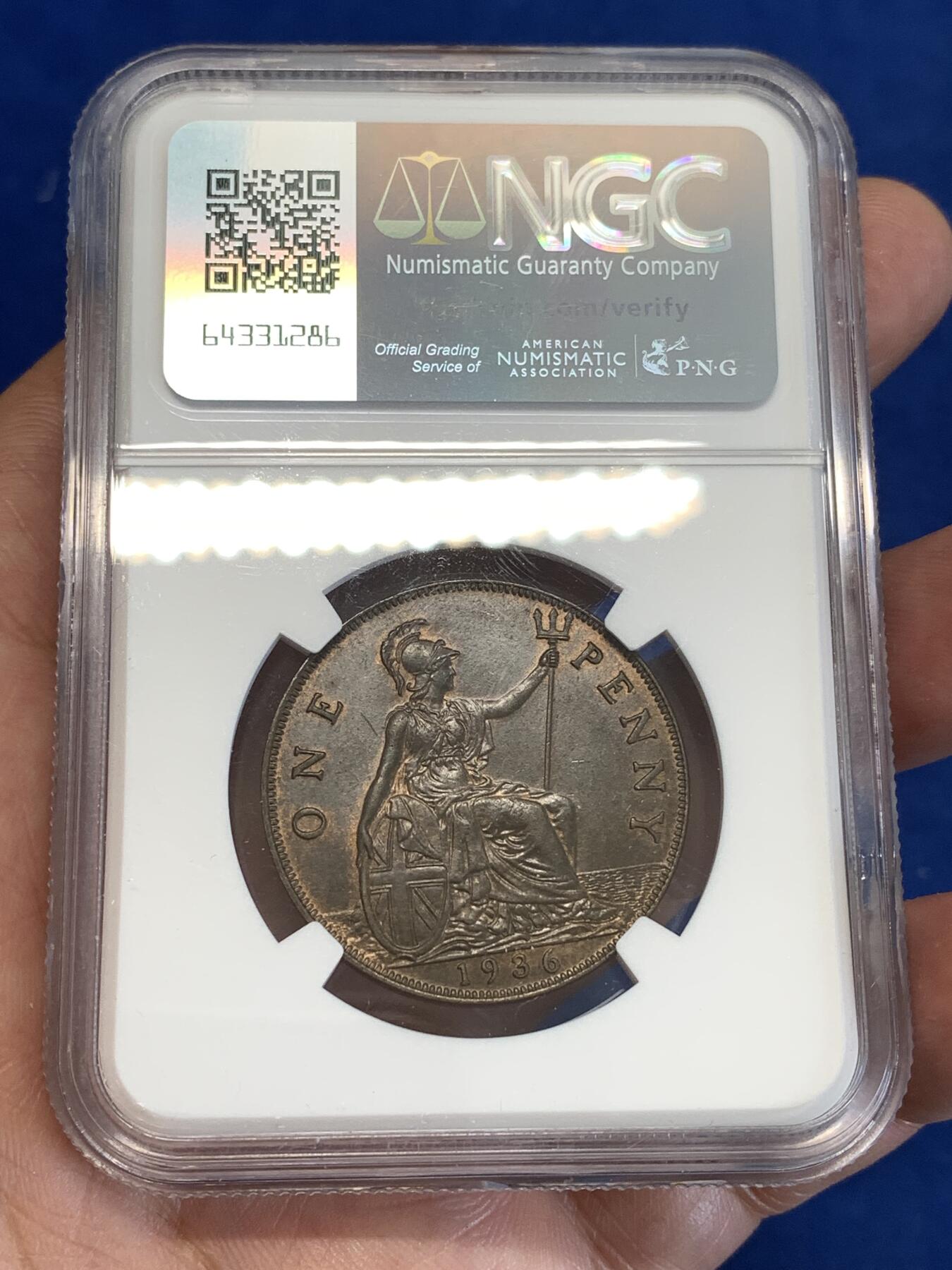 《竞宝斋》第287场-周六， 周日，周一 3场连拍 （全场包邮） NGC MS64BN 英国1936年乔治五世1便士铜币