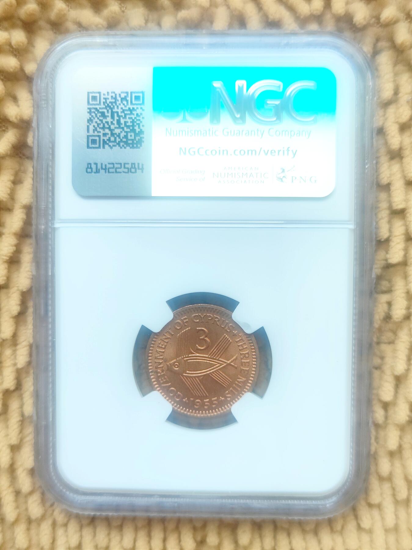 07月07日 世界币章 NGC MS66RB 塞浦路斯 1955年 3米尔 稀见最高品相
