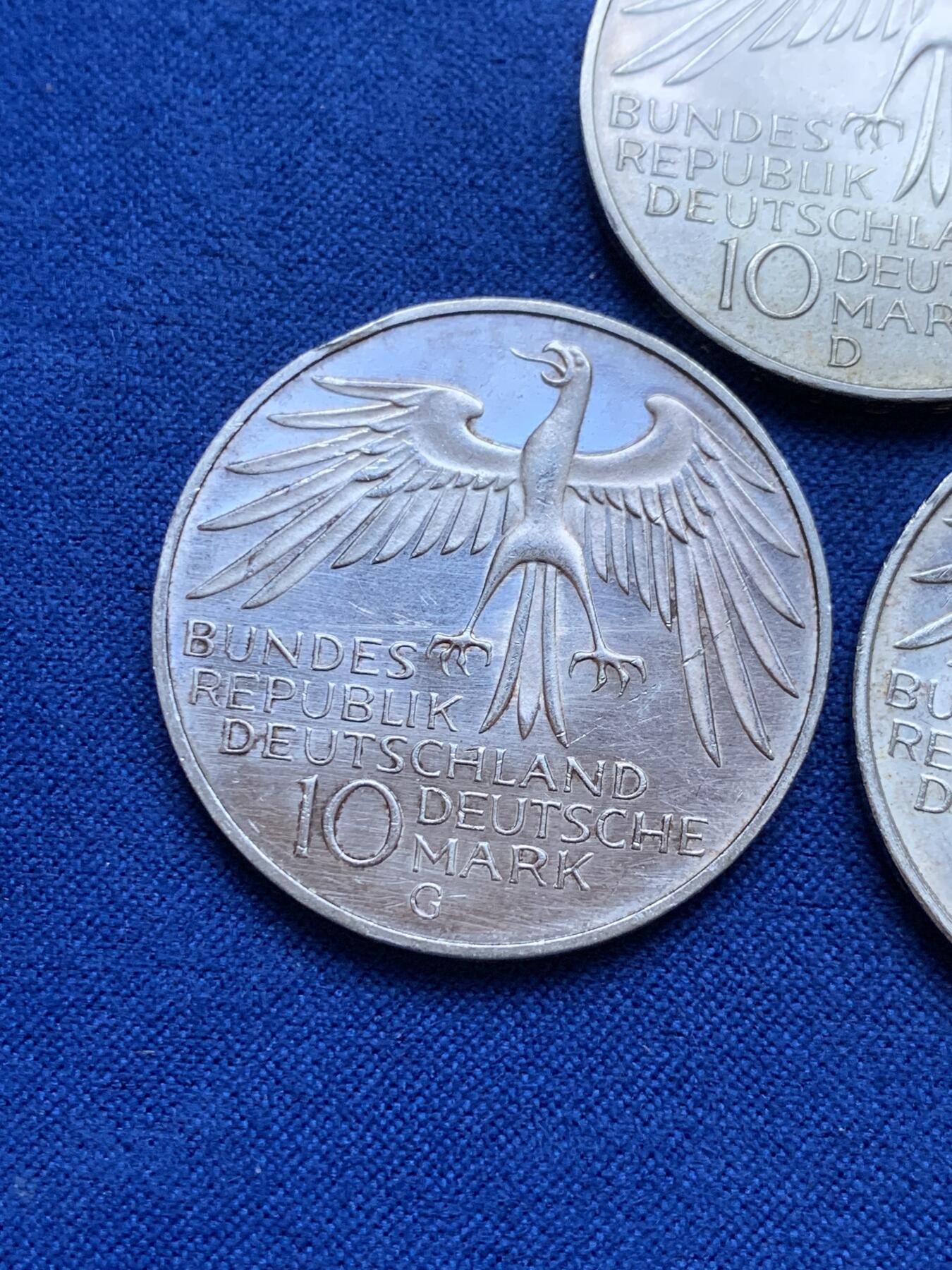 《竞宝斋》第287场-周六， 周日，周一 3场连拍 （全场包邮） 3枚一组 德国1972年10马克银币 不同厂别