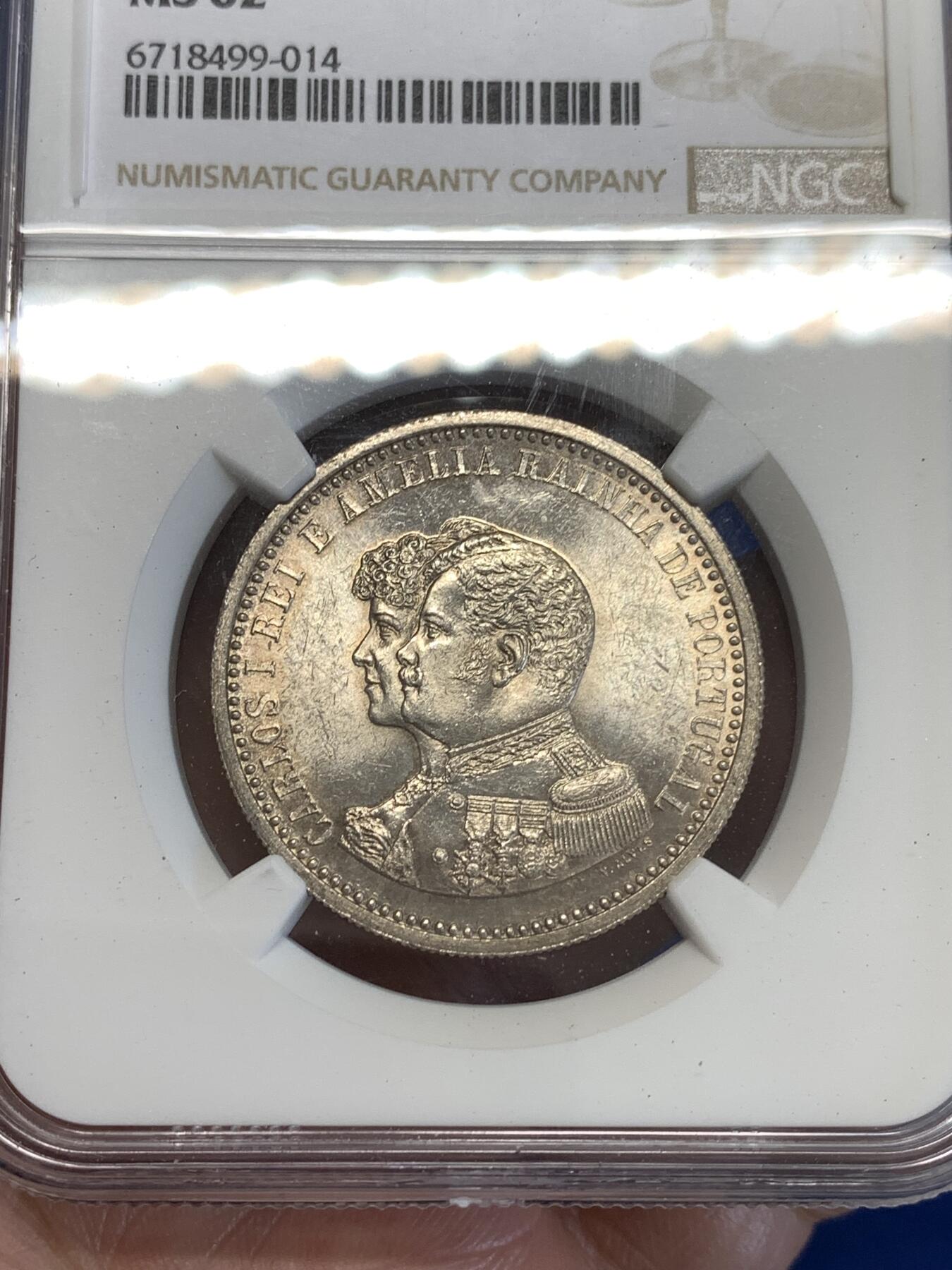 《竞宝斋》第287场-周六， 周日，周一 3场连拍 （全场包邮） NGC MS62 葡萄牙1898年发现印度戎装版500瑞斯银币