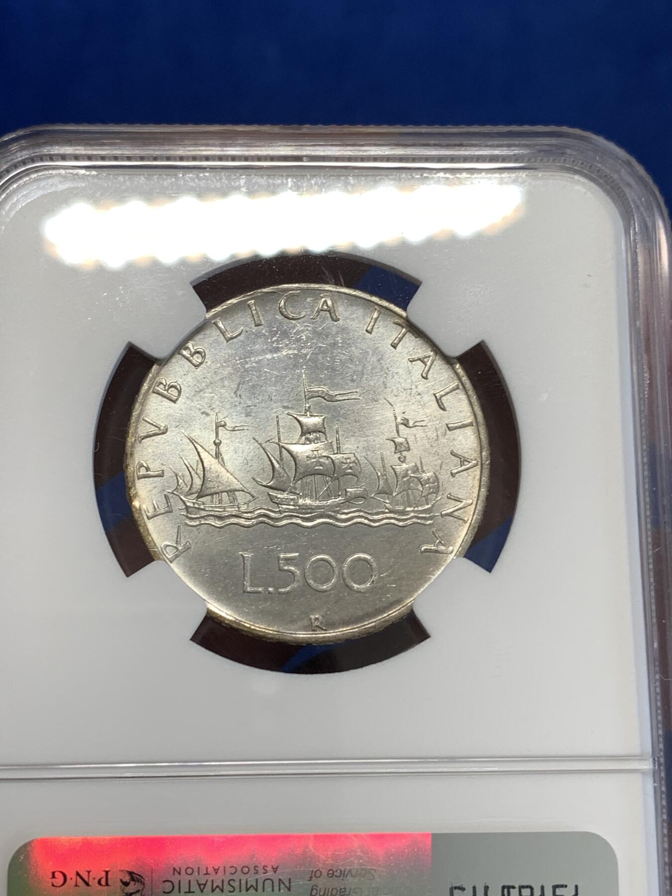 《竞宝斋》第287场-周六， 周日，周一 3场连拍 （全场包邮） NGC MS62 意大利1964 帆船少女500里拉银币 经典品种 两面都微微有点包浆 非常漂亮 性价比高