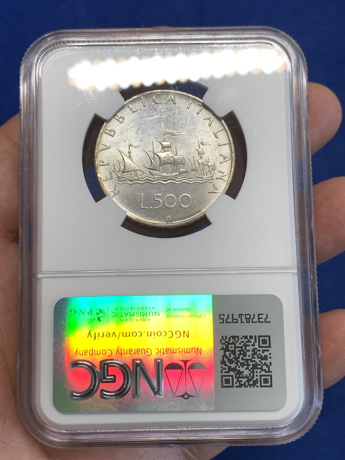 《竞宝斋》第287场-周六， 周日，周一 3场连拍 （全场包邮） NGC MS62 意大利1964 帆船少女500里拉银币 经典品种 两面都微微有点包浆 非常漂亮 性价比高