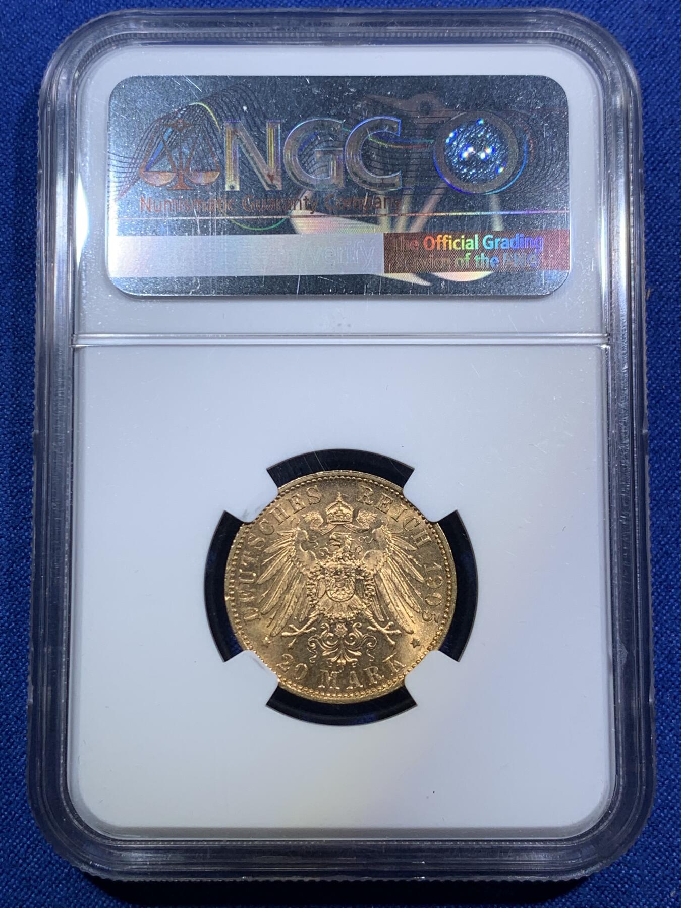 《竞宝斋》第287场-周六， 周日，周一 3场连拍 （全场包邮） NGC MS63 德国萨克森 1905E 20马克金币 弗莱德里希奥古斯都 小公国高分大拍难觅