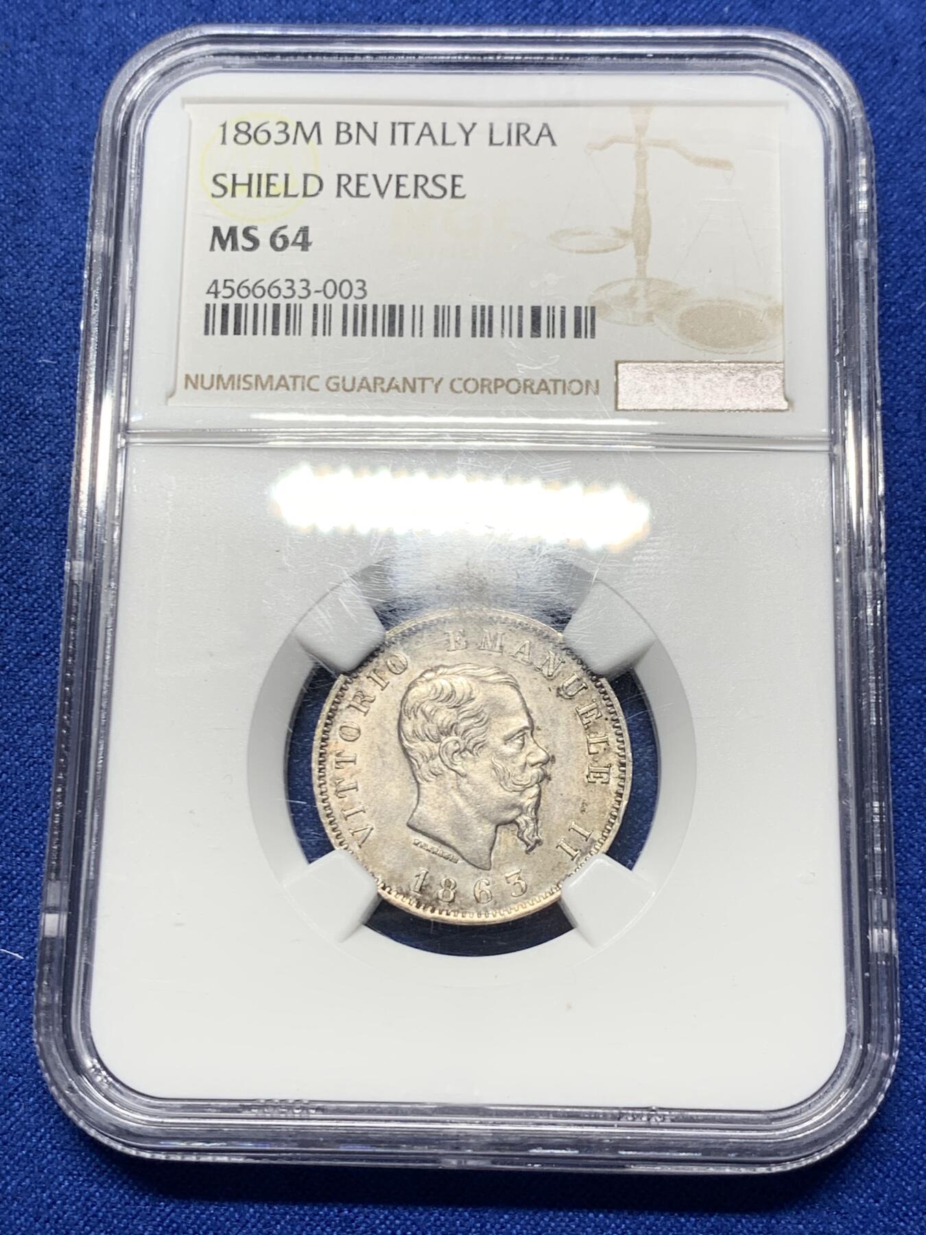 《竞宝斋》第287场-周六， 周日，周一 3场连拍 （全场包邮） NGC MS64 意大利 1863 尹曼纽尔二世 1里拉银币 流通辅币 MS 不容易