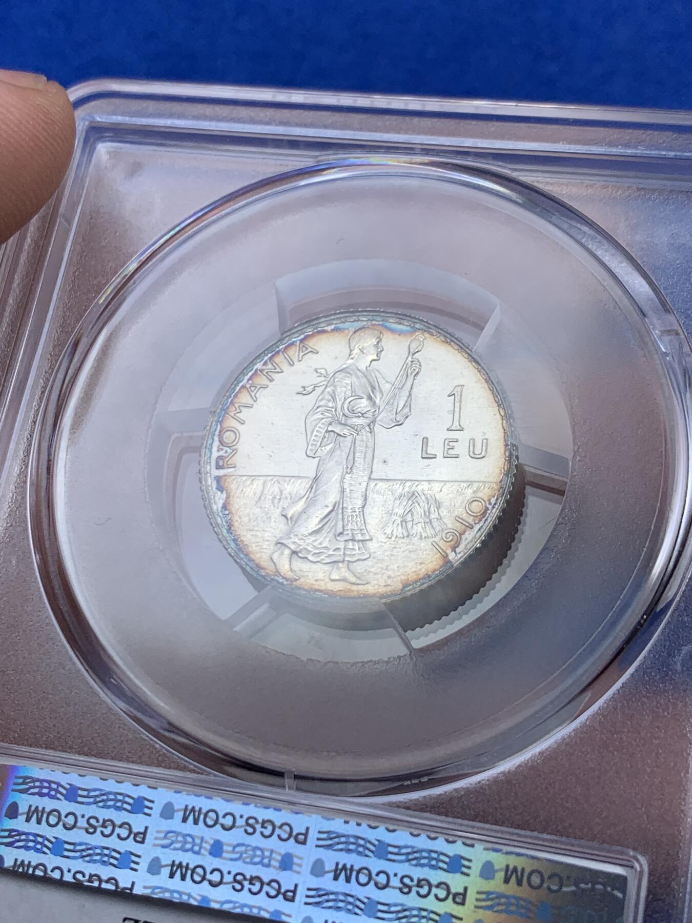 《竞宝斋》第287场-周六， 周日，周一 3场连拍 （全场包邮） PCGS UNC 1910年罗马尼亚1列依精制银币 该品种精制币极其稀有 最近一次出现在2018年的HA上 均价都在10000以上 可遇不可求