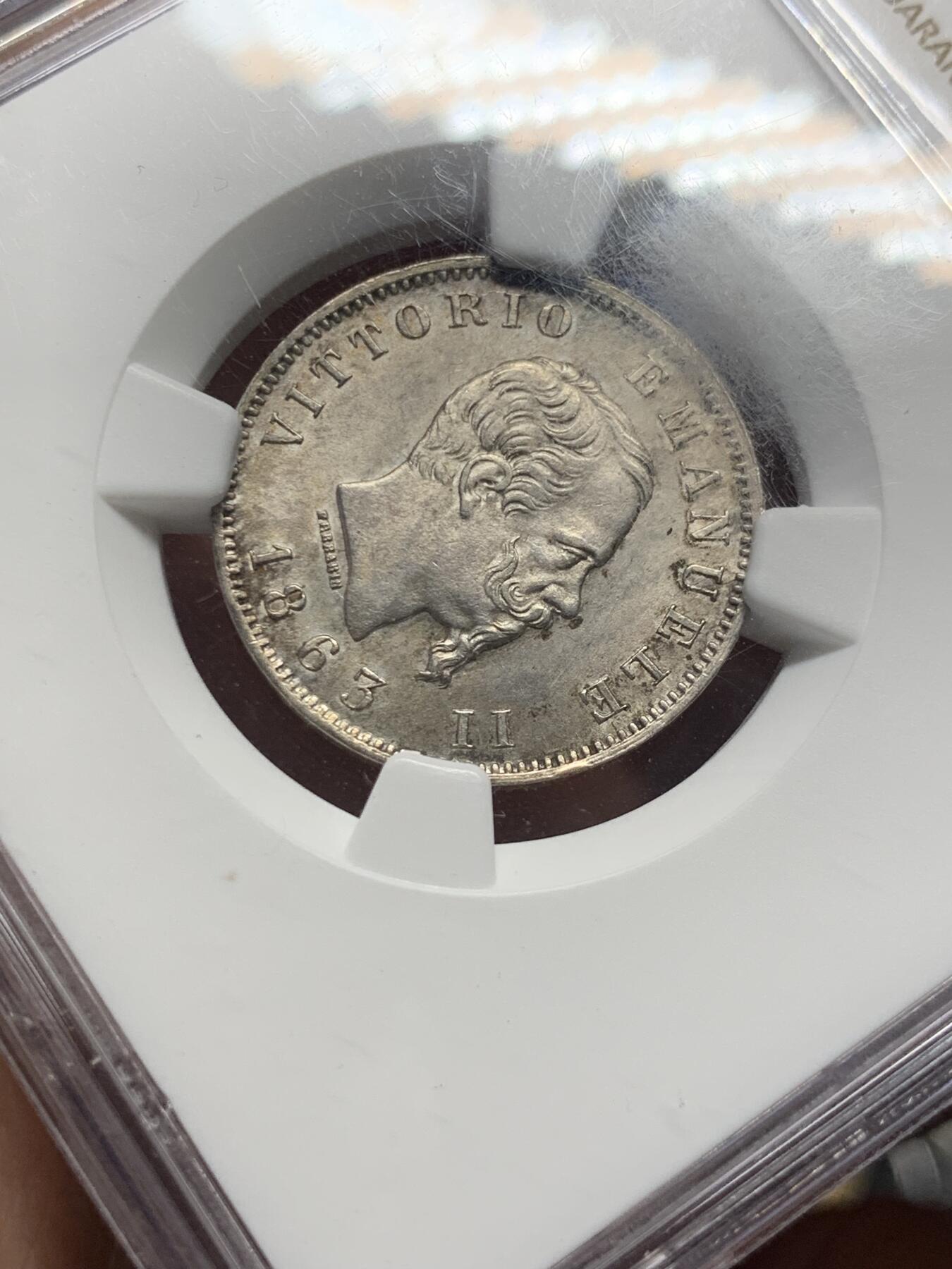 《竞宝斋》第287场-周六， 周日，周一 3场连拍 （全场包邮） NGC MS64 意大利 1863 尹曼纽尔二世 1里拉银币 流通辅币 MS 不容易