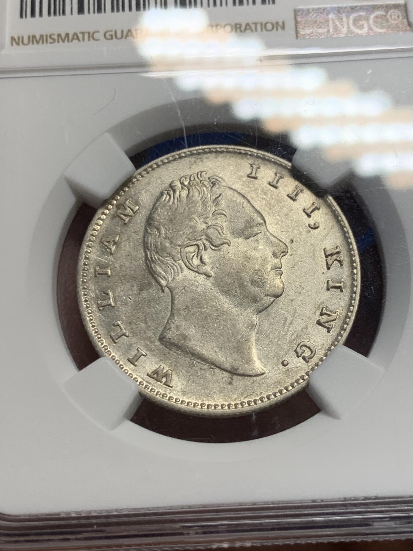 《竞宝斋》第287场-周六， 周日，周一 3场连拍 （全场包邮） NGC AU55 英国1835年东印度公司卢比 威廉四世在位期间铸造，稀少RS版，克书价高，远超普通版