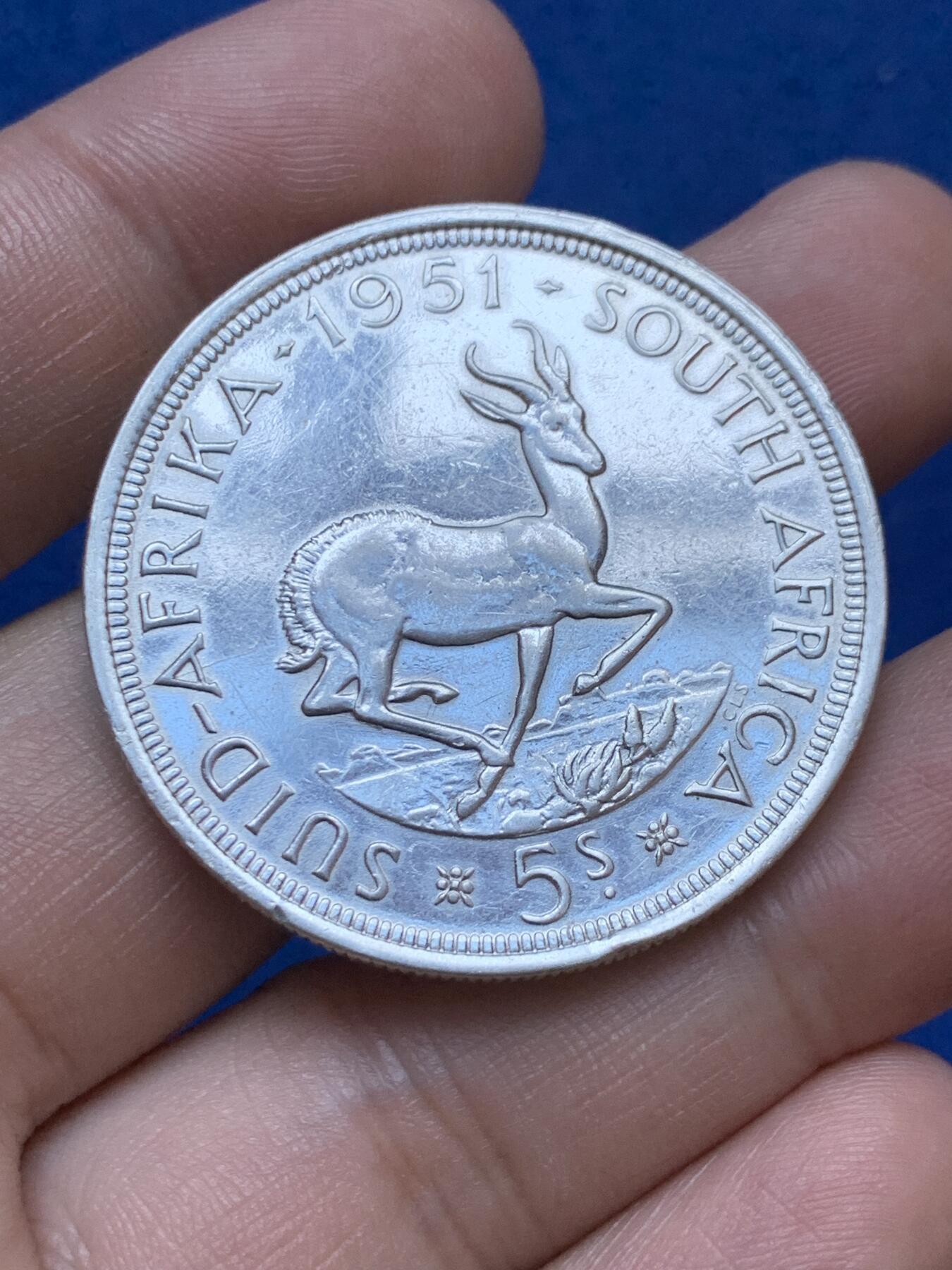 《竞宝斋》第287场-周六， 周日，周一 3场连拍 （全场包邮） 1951年南非乔六跳羚5先令银币