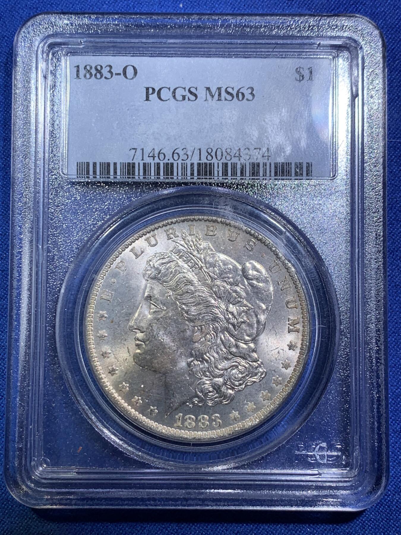 《竞宝斋》第287场-周六， 周日，周一 3场连拍 （全场包邮） PCGS MS63 美国1883年摩根银币O版   PC盒老白盒严评无官网图。