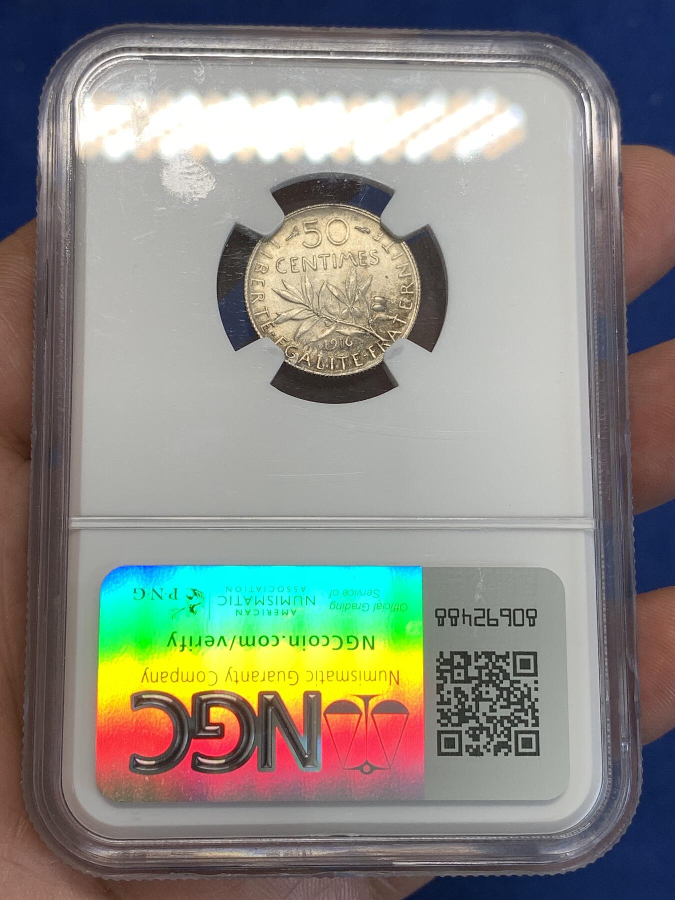 《竞宝斋》第287场-周六， 周日，周一 3场连拍 （全场包邮） NGC MS62 法国1916年播种女神50生丁银币