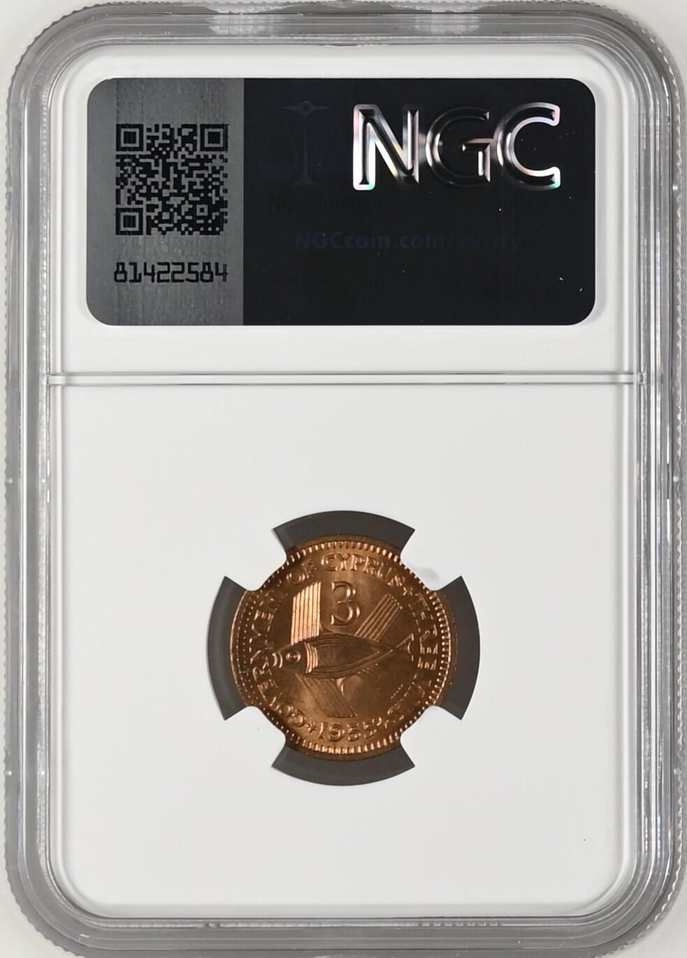07月07日 世界币章 NGC MS66RB 塞浦路斯 1955年 3米尔 稀见最高品相