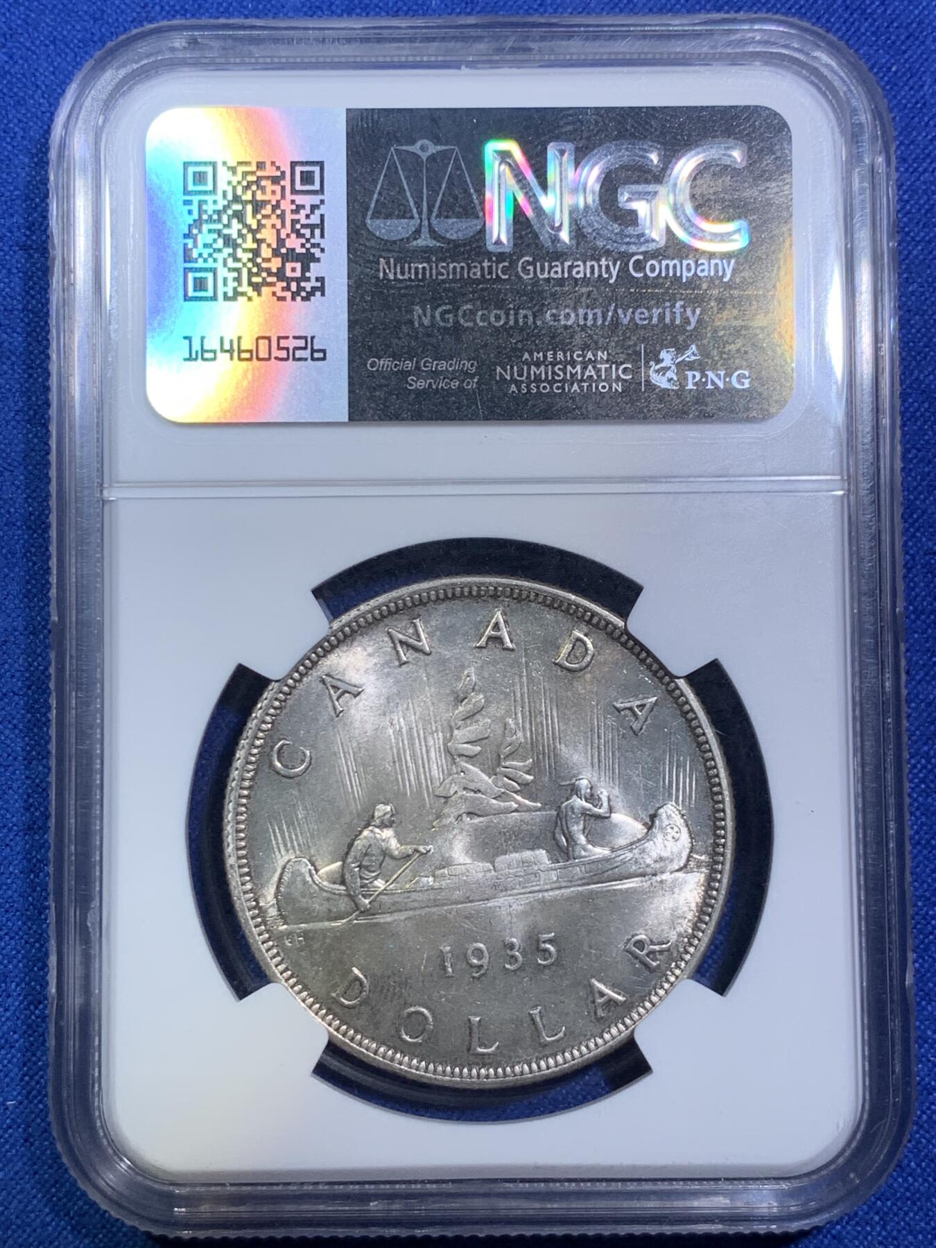 《竞宝斋》第287场-周六， 周日，周一 3场连拍 （全场包邮） NGC MS64 加拿大1935年乔治五世1元银币 首年版 银光闪闪 一步到位