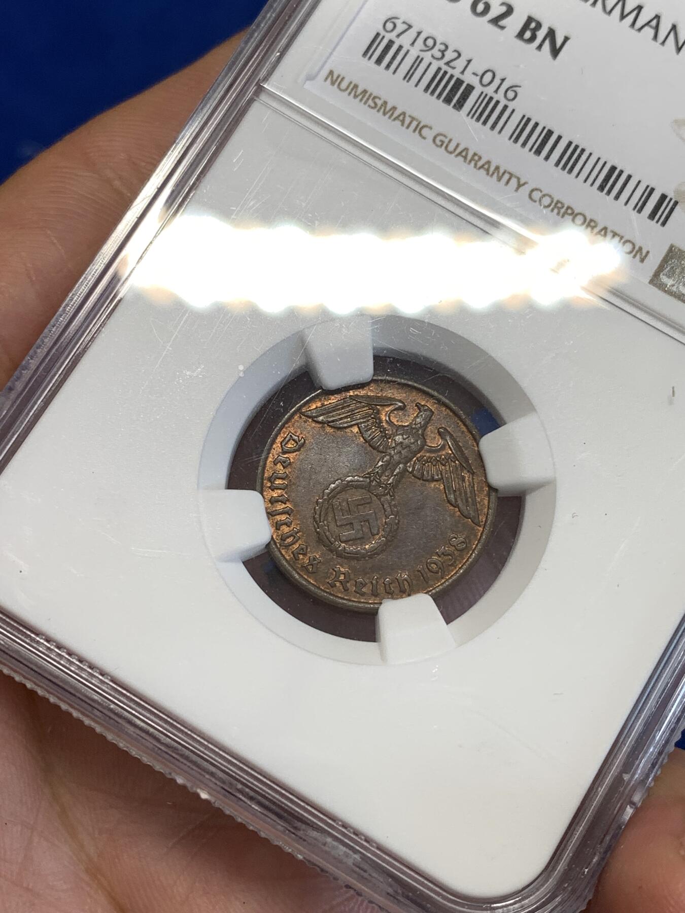 《竞宝斋》第287场-周六， 周日，周一 3场连拍 （全场包邮） NGC MS62BN 德国1938年A厂2芬尼