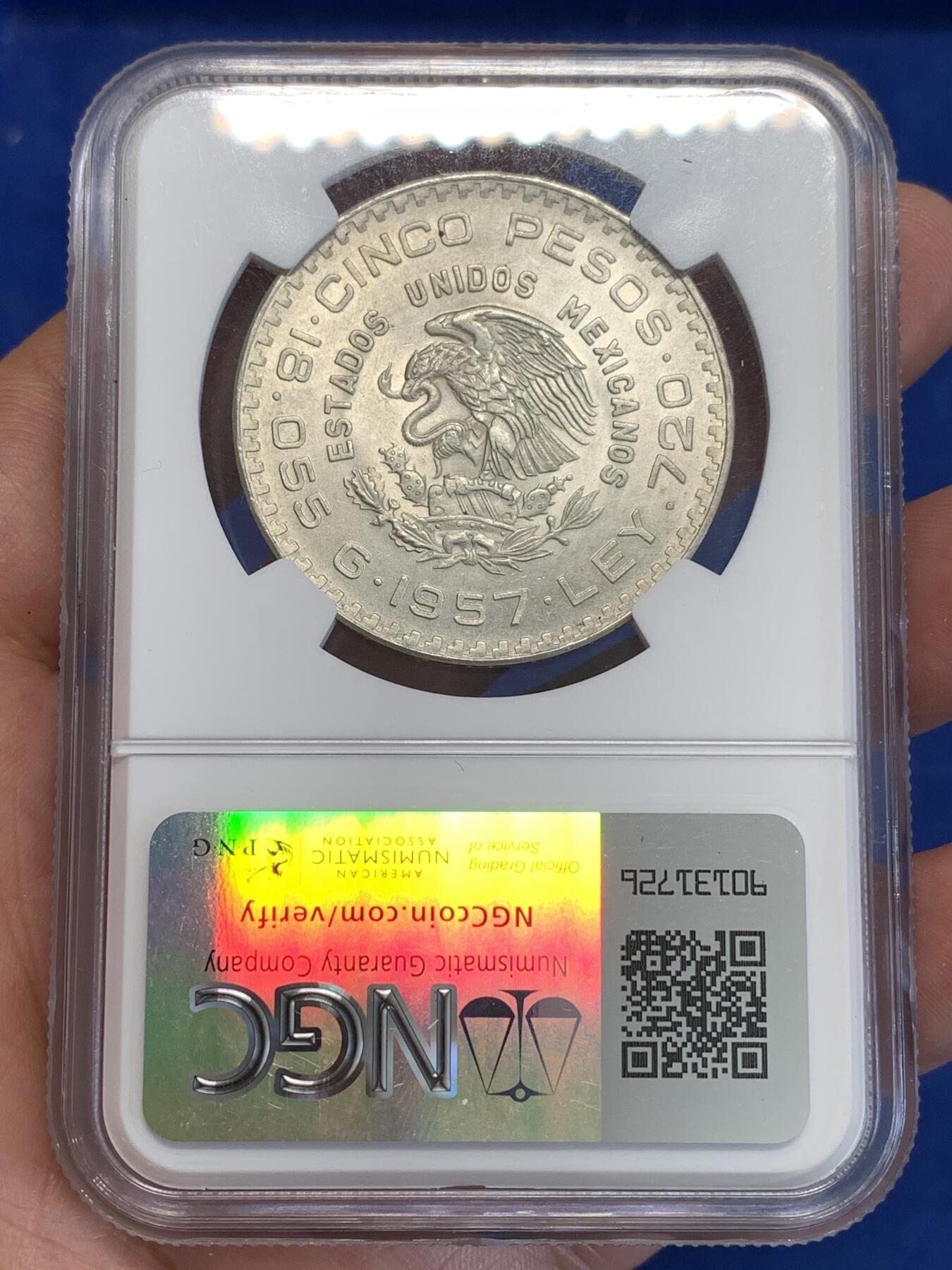 《竞宝斋》第287场-周六， 周日，周一 3场连拍 （全场包邮） NGC MS65 墨西哥 1957年 宪法百年纪念 5比索 银币
