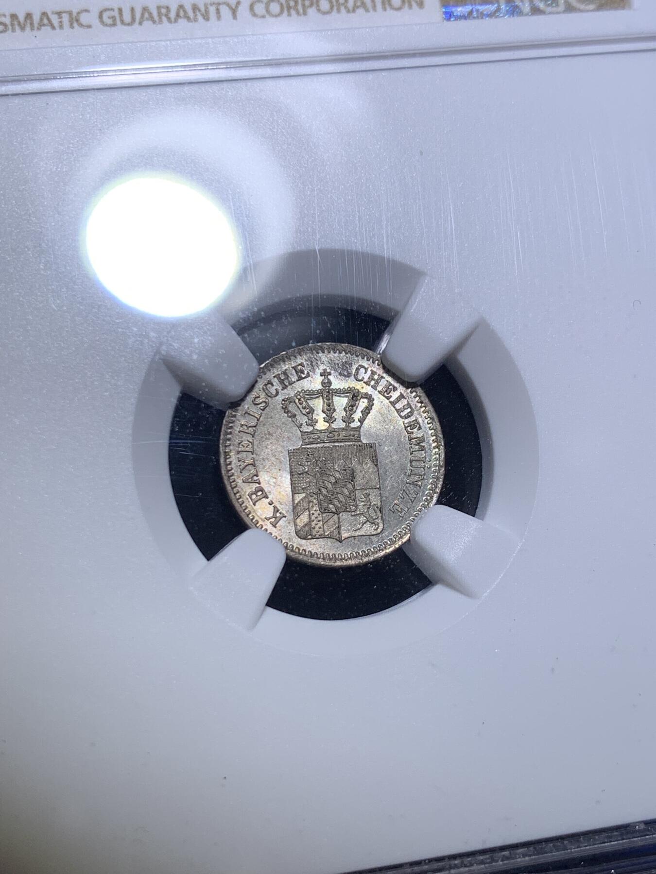 《竞宝斋》第287场-周六， 周日，周一 3场连拍 （全场包邮） NGC MS64 德国1858巴伐利亚1克鲁泽银币