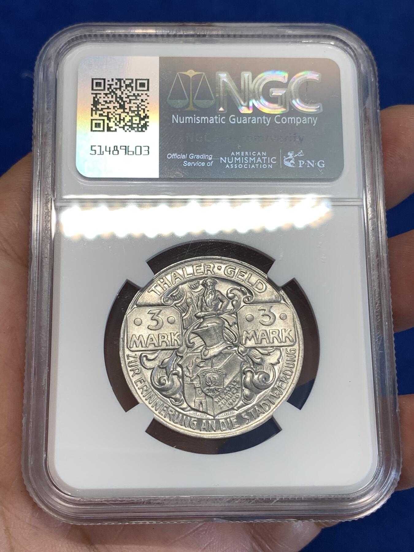 《竞宝斋》第287场-周六， 周日，周一 3场连拍 （全场包邮） NGC MS65 德国1921年塔勒市猎人与猎犬3马克铝币 德紧名誉品