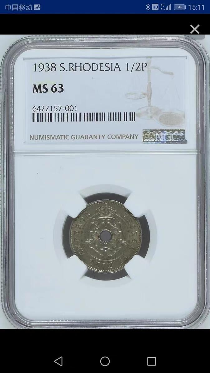 NGC-MS63英属南罗德西亚1938年1/2便士