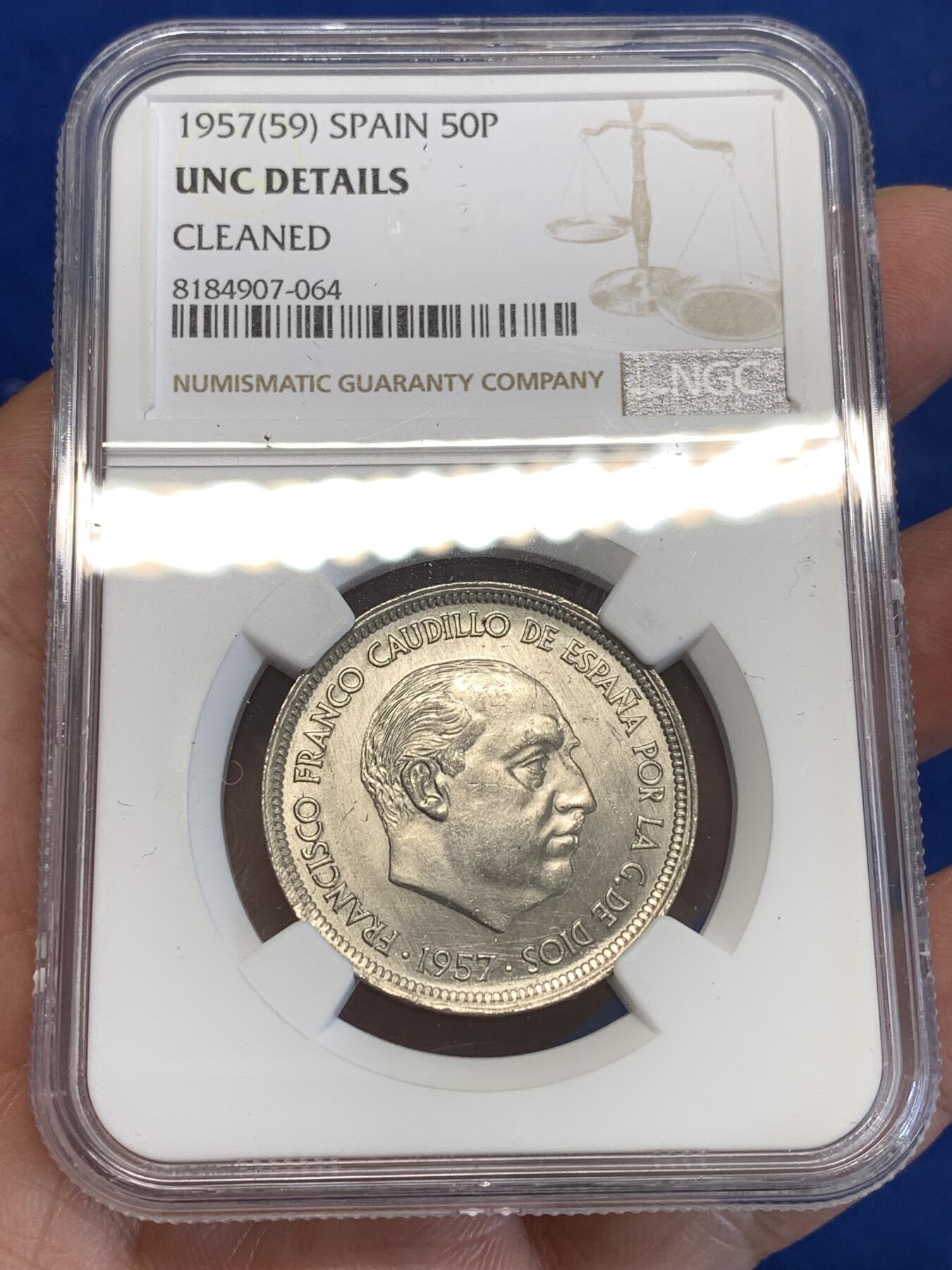 《竞宝斋》第287场-周六， 周日，周一 3场连拍 （全场包邮） NGC UNCD 西班牙 1957 独裁者 50比塞塔