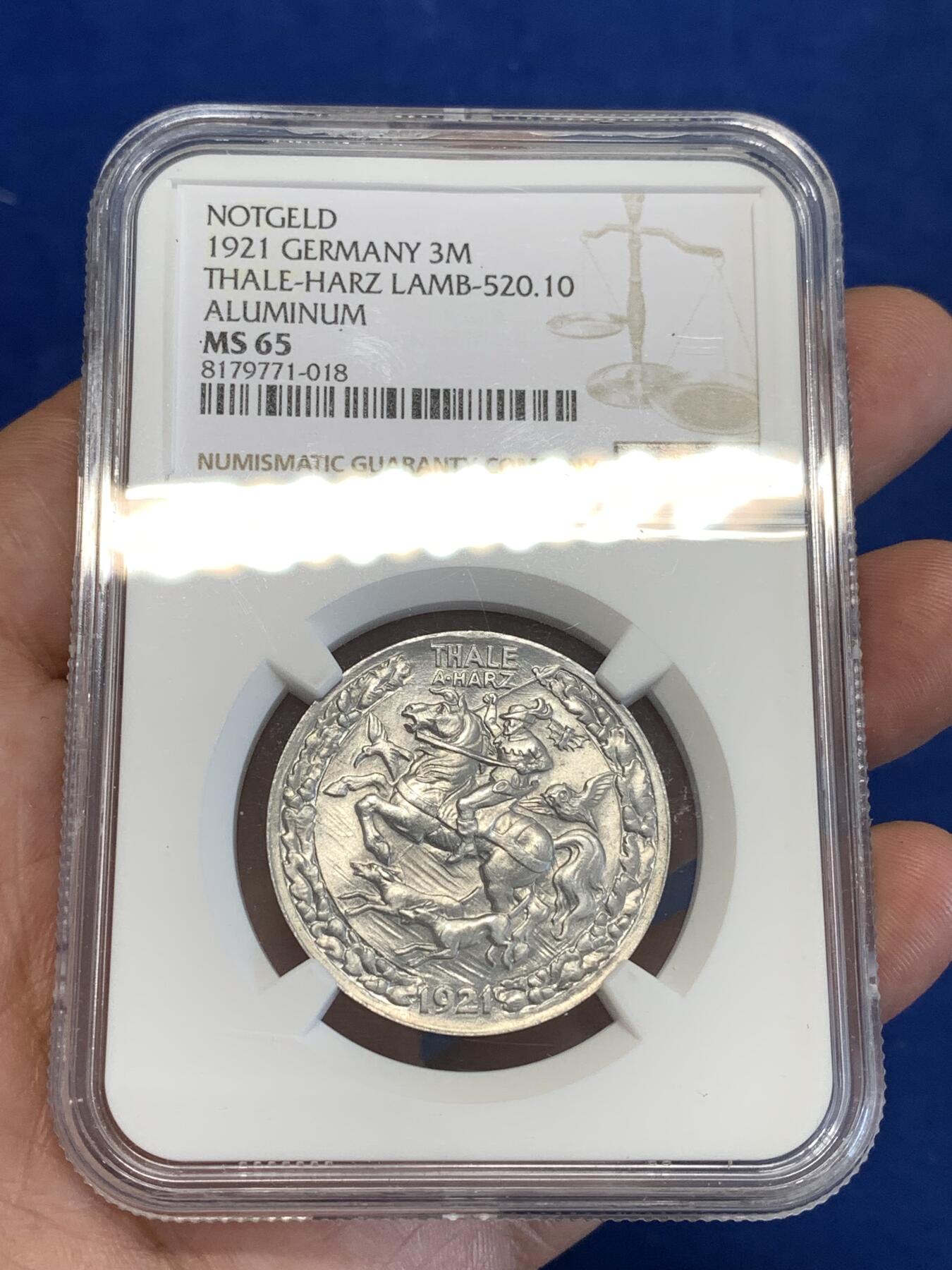 《竞宝斋》第287场-周六， 周日，周一 3场连拍 （全场包邮） NGC MS65 德国1921年塔勒市猎人与猎犬3马克铝币 德紧名誉品