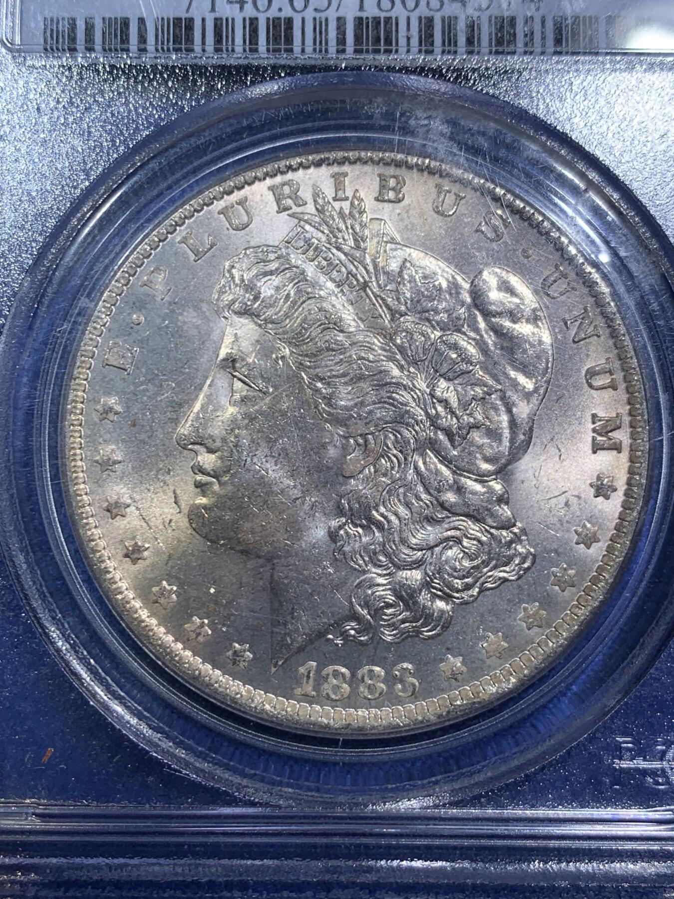 《竞宝斋》第287场-周六， 周日，周一 3场连拍 （全场包邮） PCGS MS63 美国1883年摩根银币O版   PC盒老白盒严评无官网图。