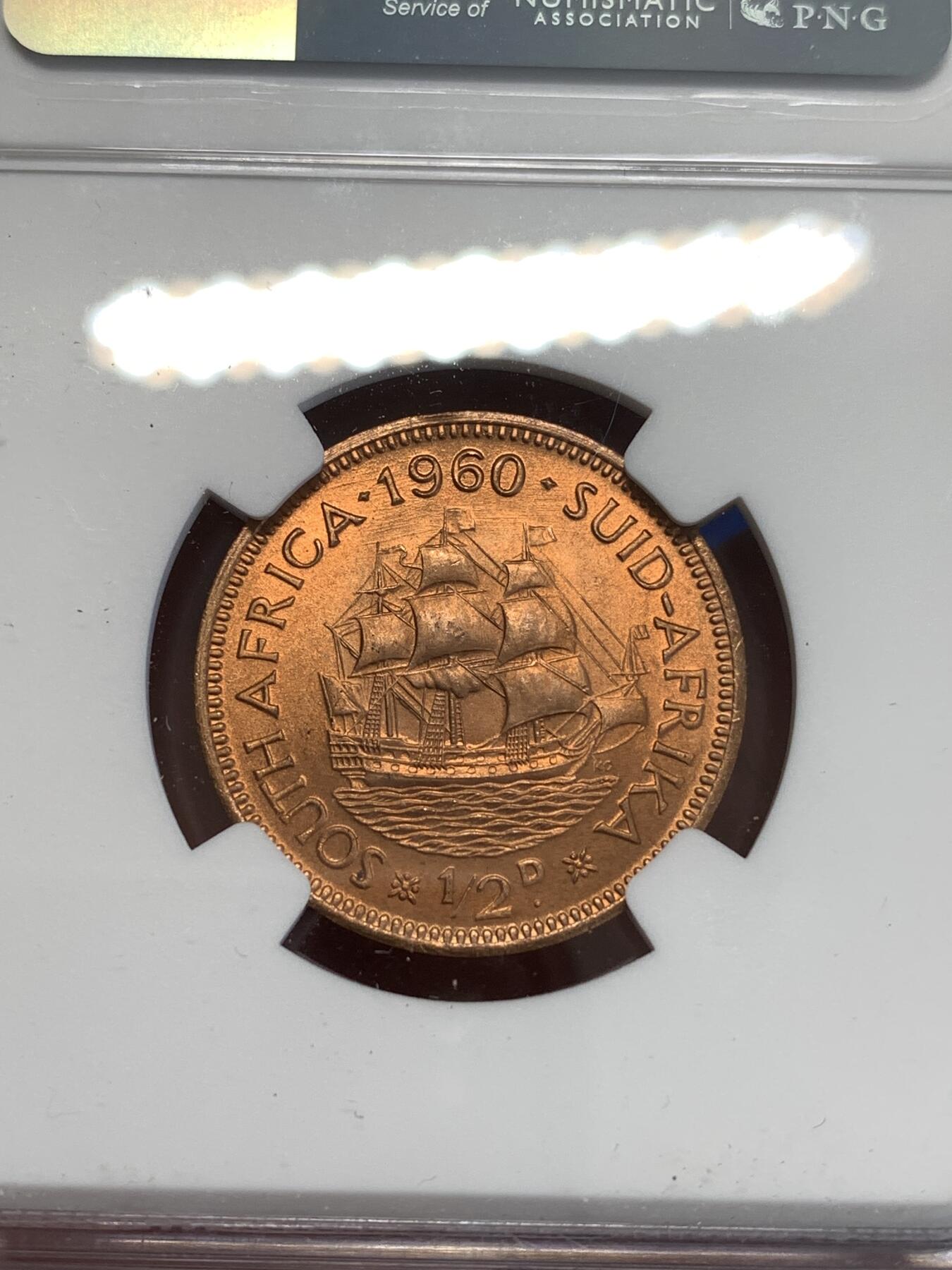 《竞宝斋》第287场-周六， 周日，周一 3场连拍 （全场包邮） NGC MS65RB 英属南非1960年伊丽莎白二世半便士铜币