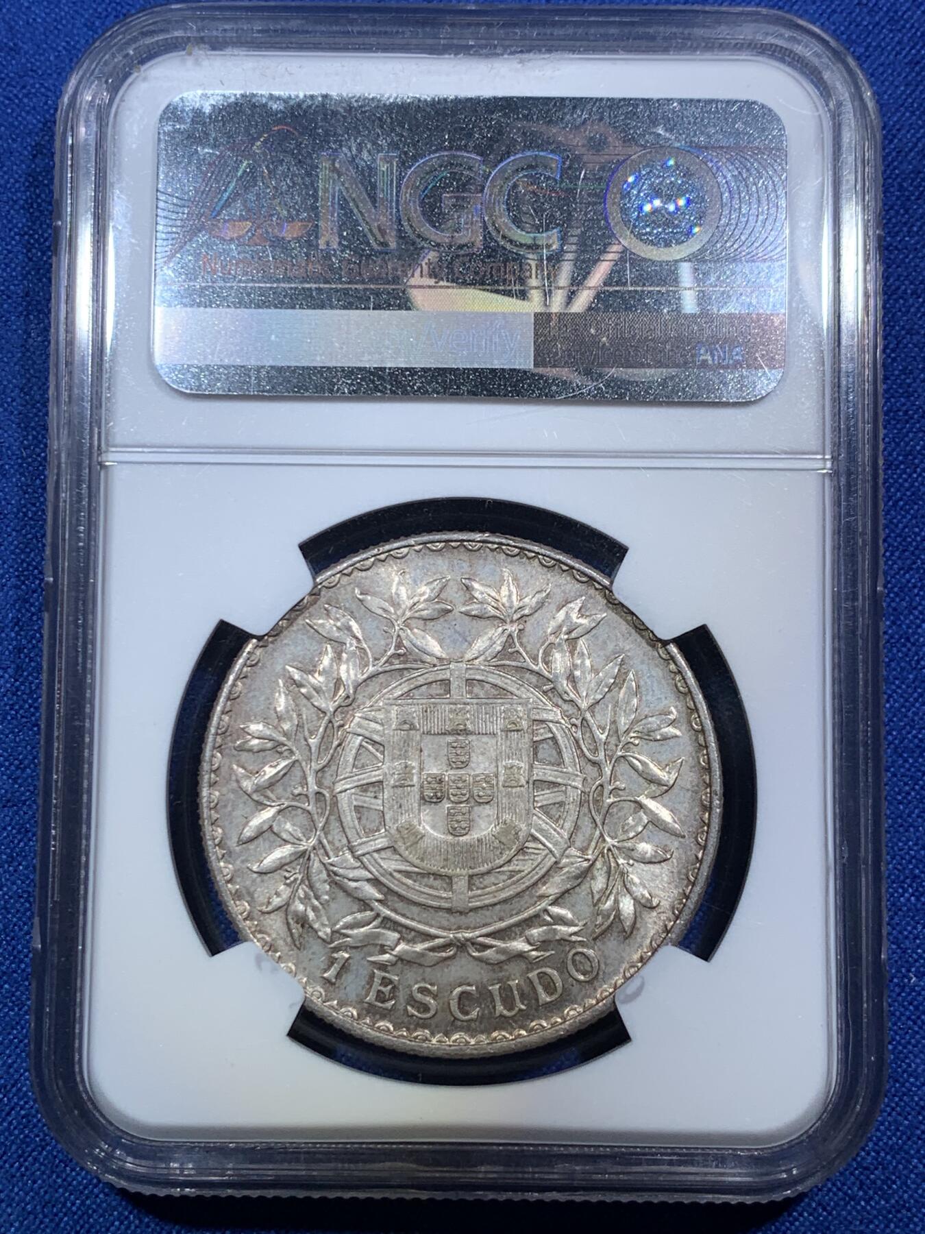 《竞宝斋》第287场-周六， 周日，周一 3场连拍 （全场包邮） NGC MS63 葡萄牙1916年自由女神1埃斯库多大银