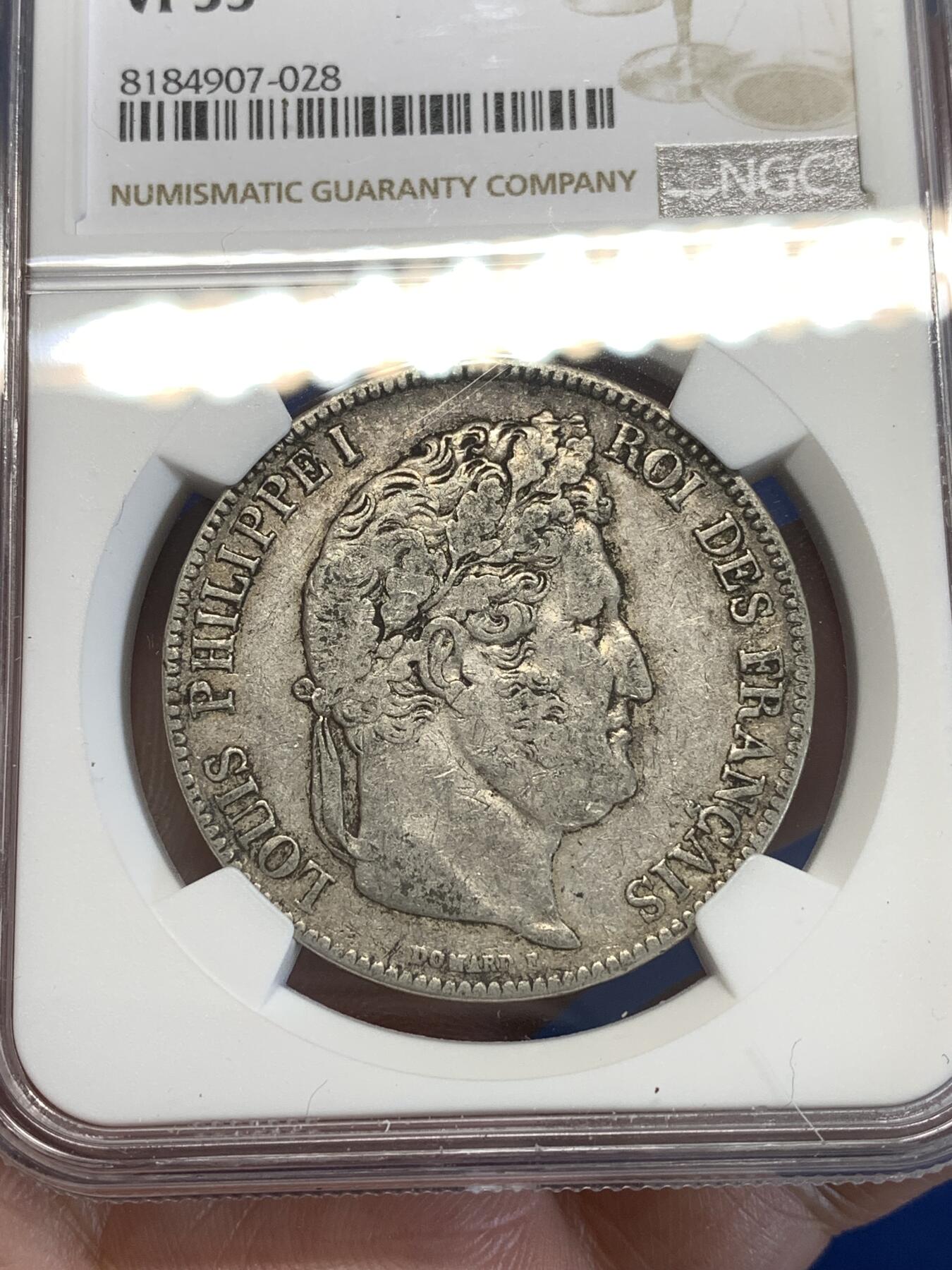 《竞宝斋》第287场-周六， 周日，周一 3场连拍 （全场包邮） NGC VF35 法国1838年A版菲利普5法郎银币