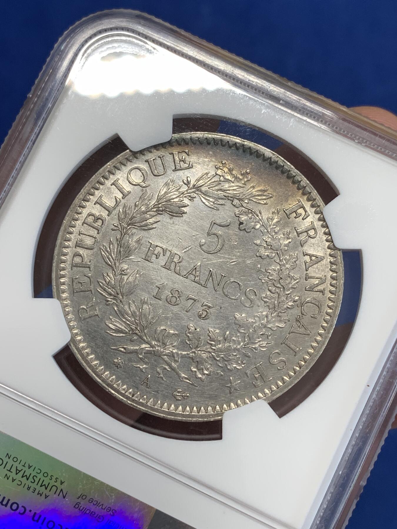 《竞宝斋》第287场-周六， 周日，周一 3场连拍 （全场包邮） NGC UNCD 法国1873年大力神5法郎银币