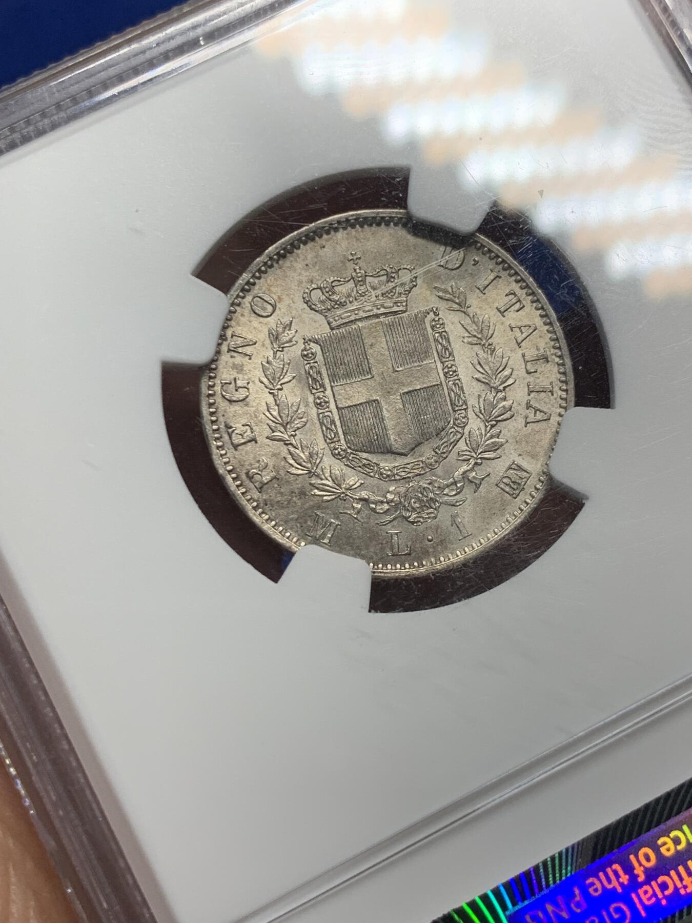 《竞宝斋》第287场-周六， 周日，周一 3场连拍 （全场包邮） NGC MS64 意大利 1863 尹曼纽尔二世 1里拉银币 流通辅币 MS 不容易