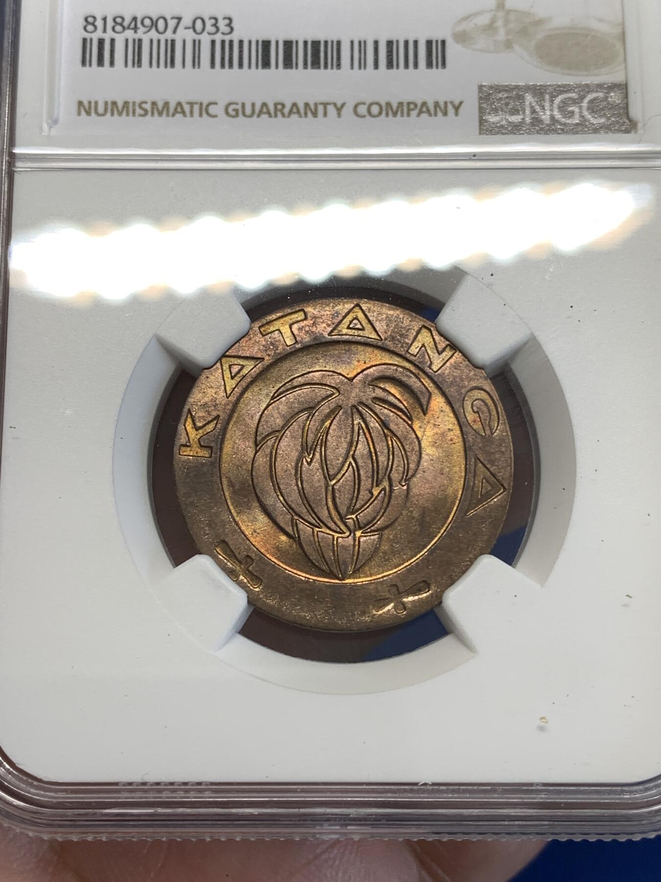 《竞宝斋》第287场-周六， 周日，周一 3场连拍 （全场包邮） NGC MS64RB 刚果加丹加1961年香蕉5法郎铜币 不错的分数