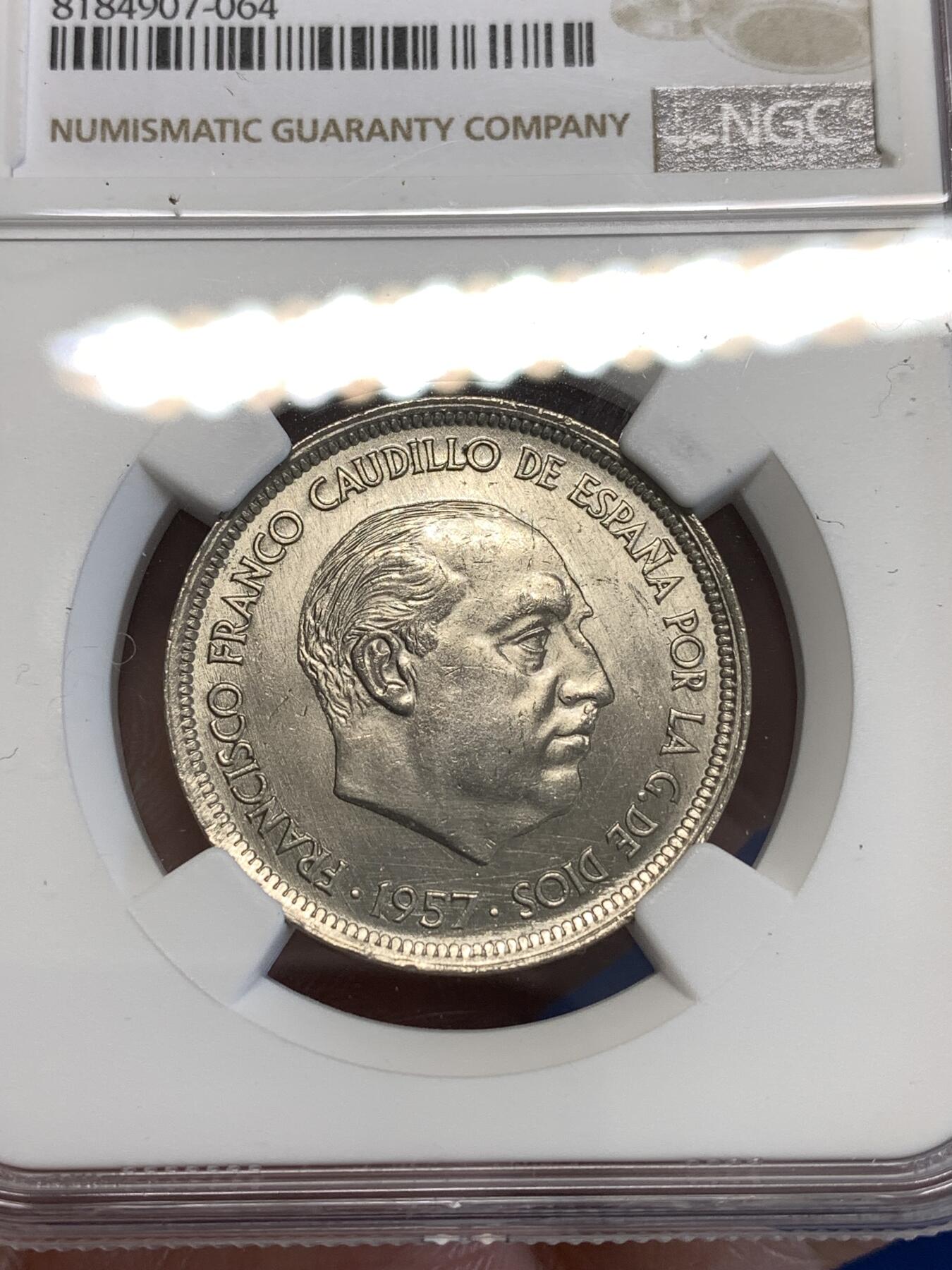 《竞宝斋》第287场-周六， 周日，周一 3场连拍 （全场包邮） NGC UNCD 西班牙 1957 独裁者 50比塞塔