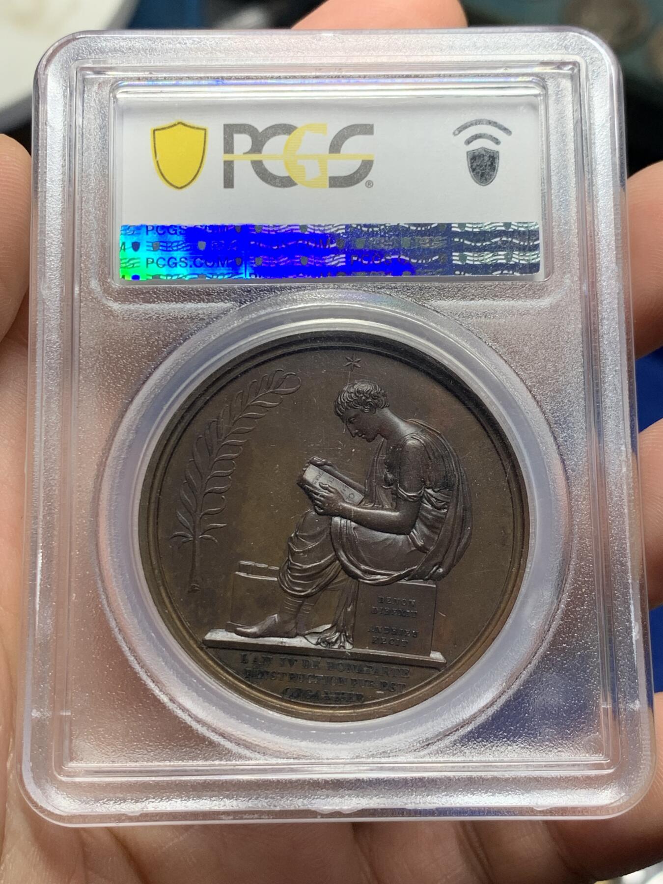 《竞宝斋》第287场-周六， 周日，周一 3场连拍 （全场包邮） PCGS SP64 法国1802拿破仑凯撒头原铸铜章 背面古罗马装扮的男神低头阅读 高分不易 仅三枚更高分