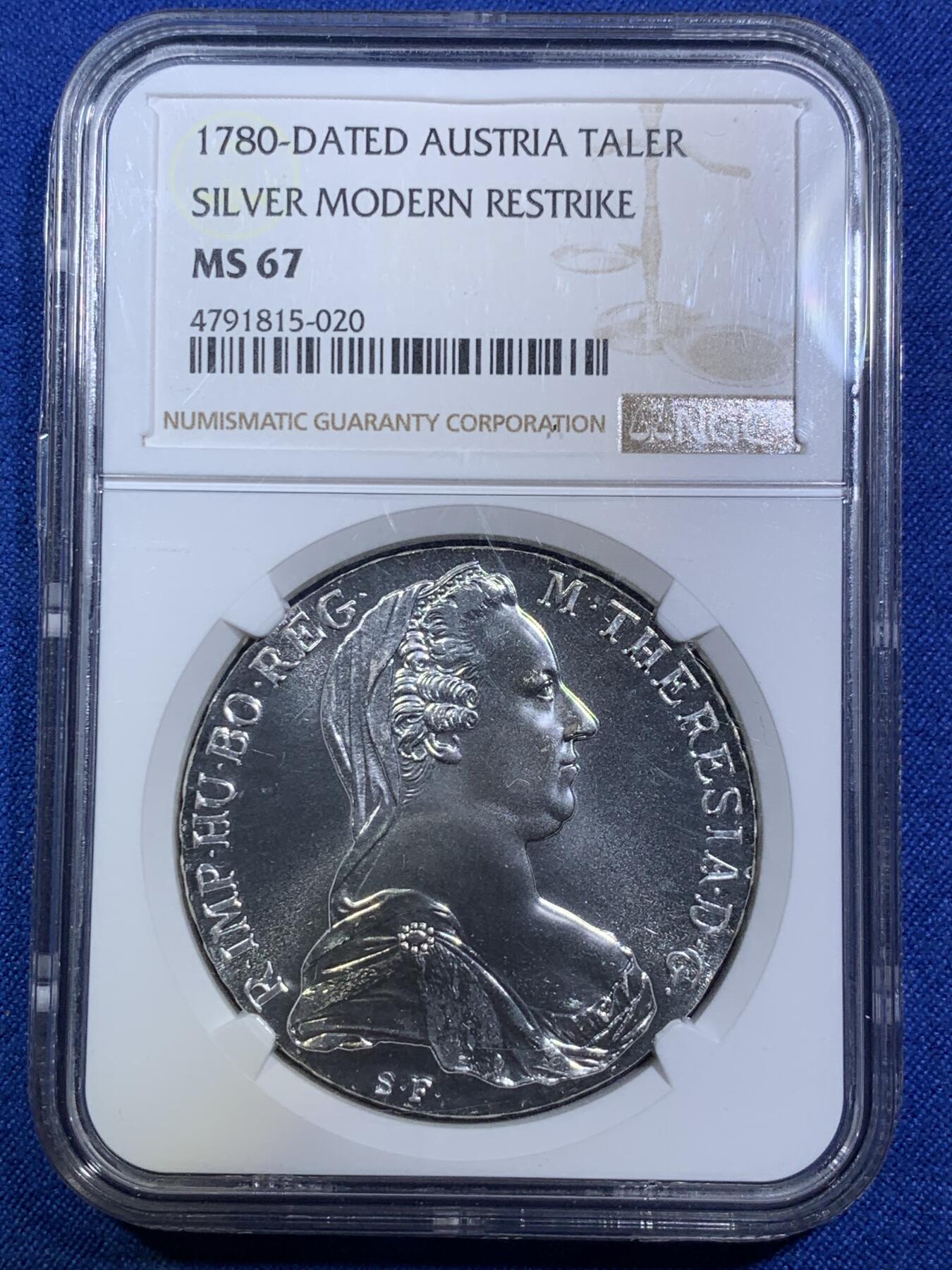 《竞宝斋》第287场-周六， 周日，周一 3场连拍 （全场包邮） NGC MS67 奥地利1780 后铸版 大奶妈玛丽亚·特蕾莎皇后1泰勒银币