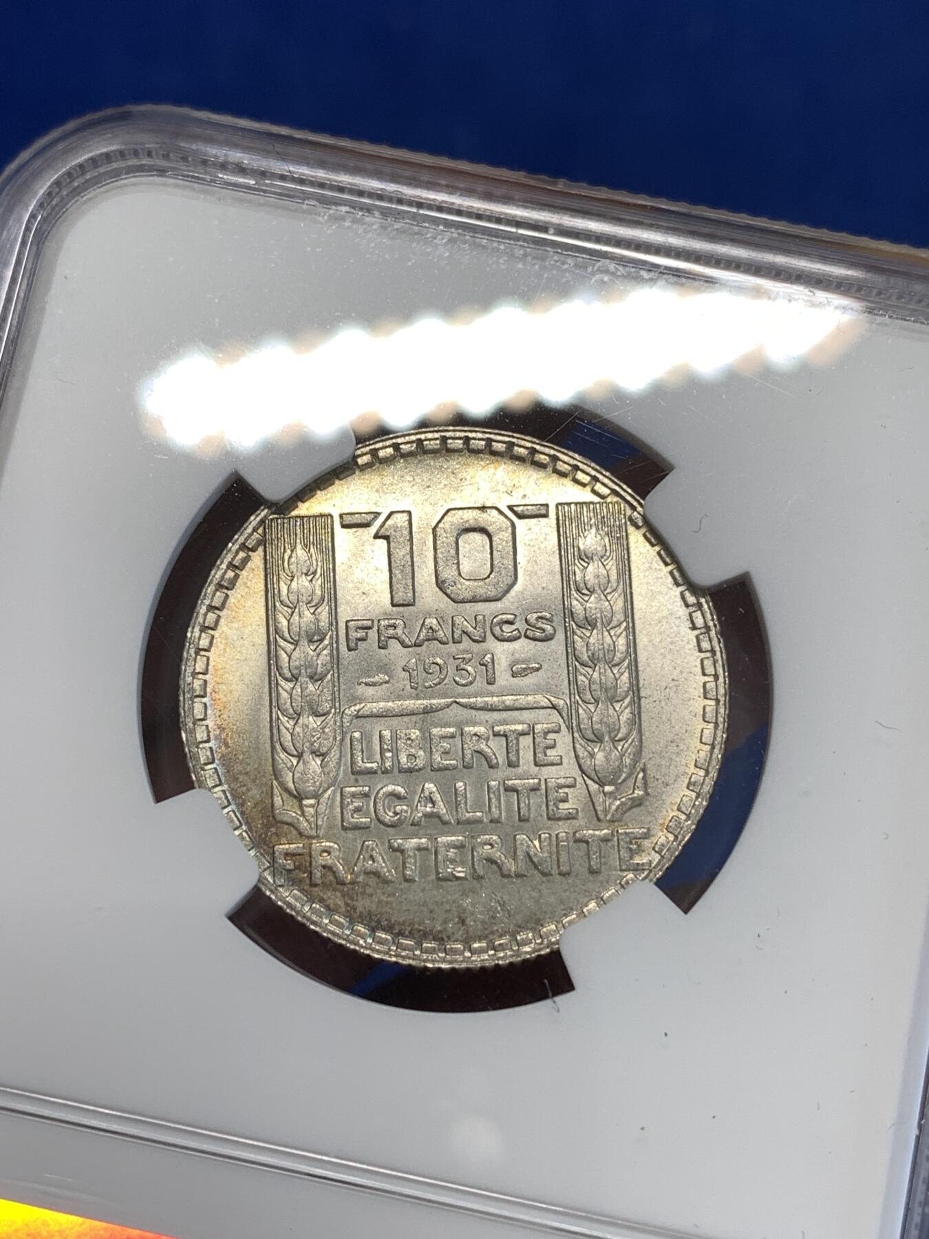 《竞宝斋》第287场-周六， 周日，周一 3场连拍 （全场包邮） NGC MS62 法国1931年谷物女神10法郎银币