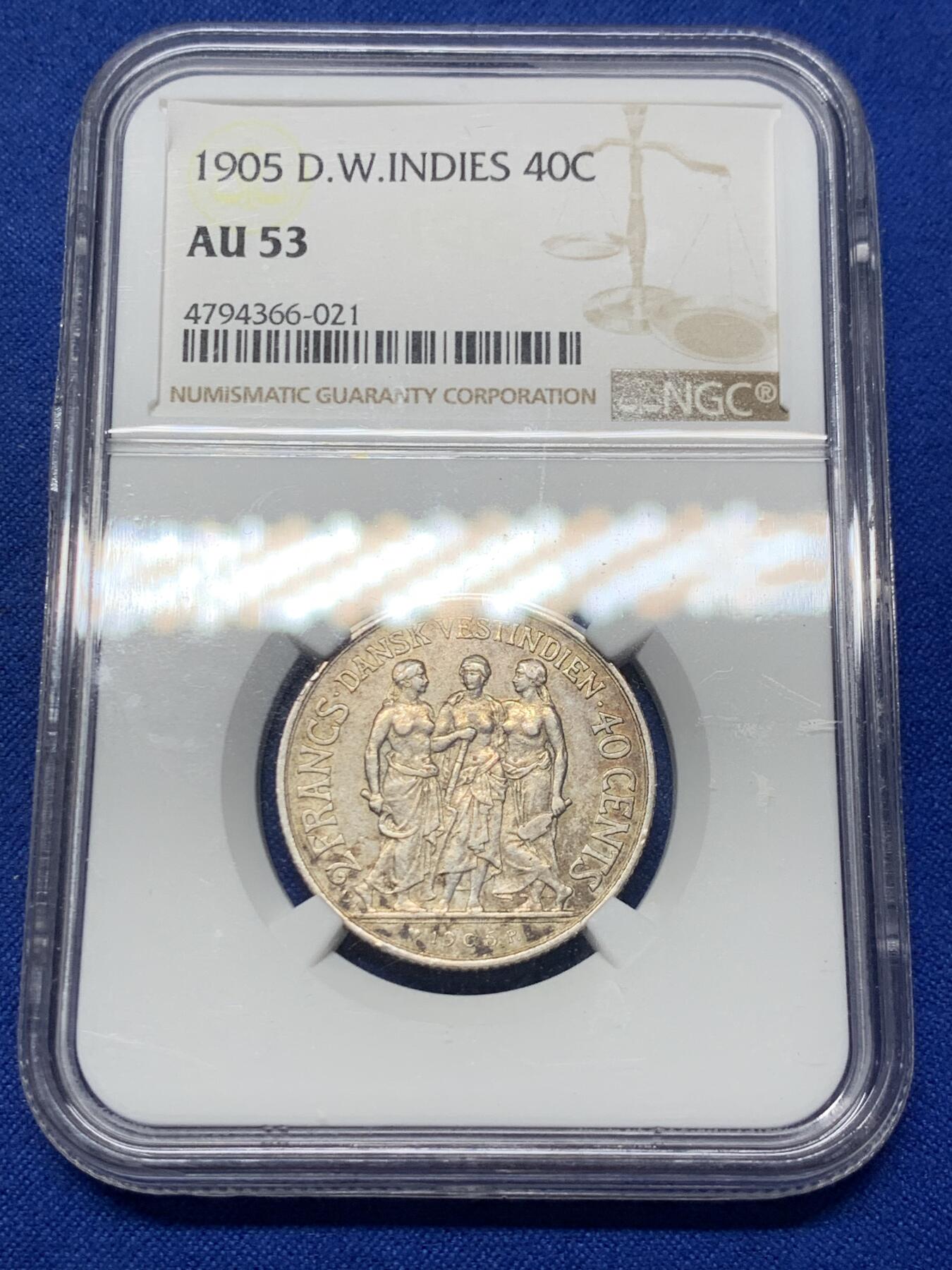 《竞宝斋》第287场-周六， 周日，周一 3场连拍 （全场包邮） NGC AU53 丹属西印度群岛 1905 40C 银币 稀少品种发行量38000枚 该品种的最大面值