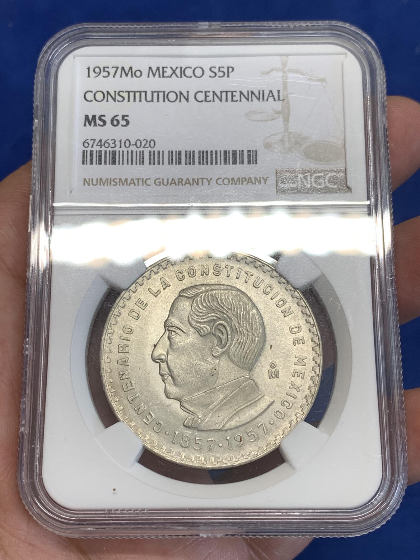 《竞宝斋》第287场-周六， 周日，周一 3场连拍 （全场包邮） NGC MS65 墨西哥 1957年 宪法百年纪念 5比索 银币